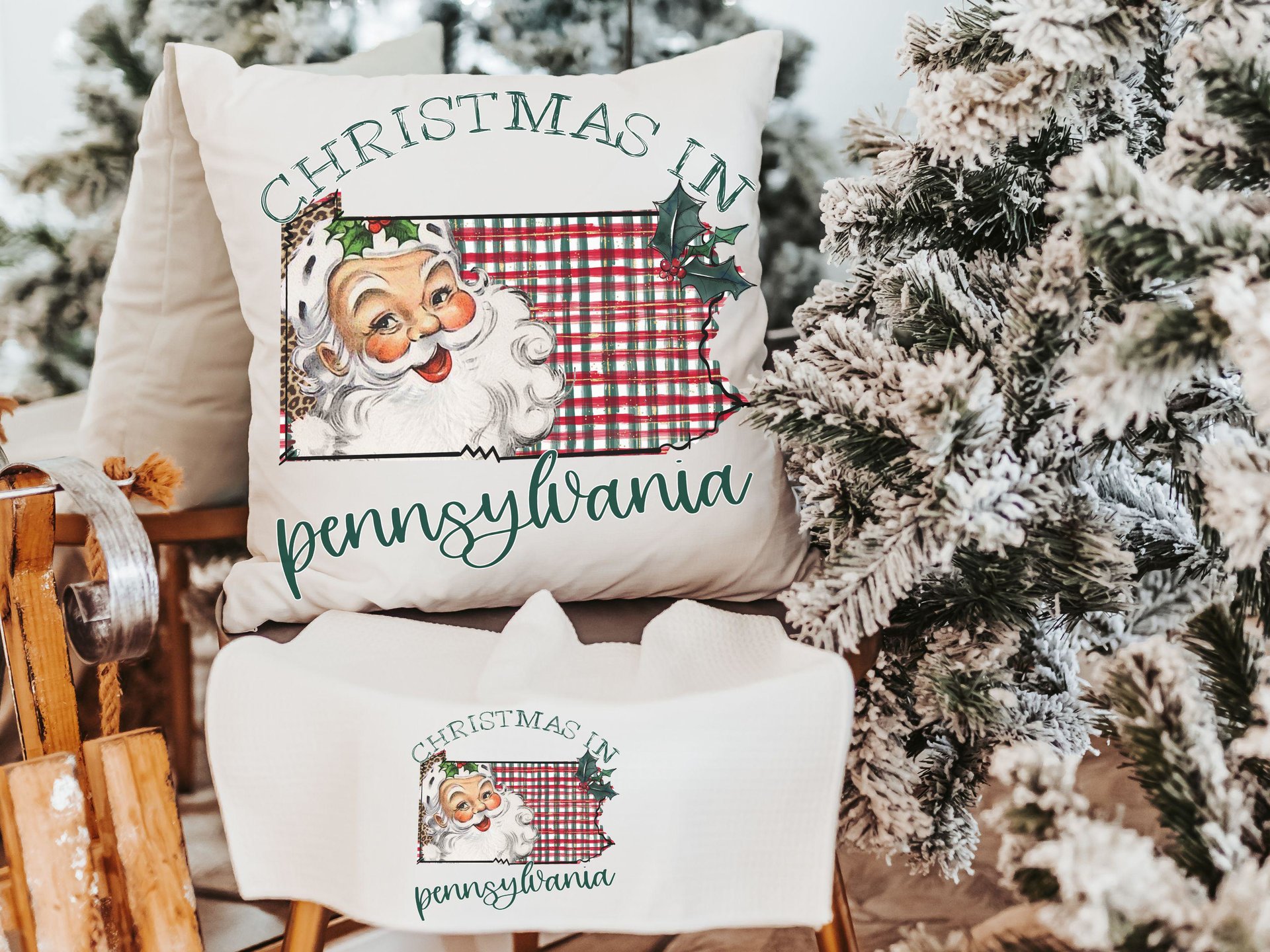 Santa Claus throw pillows for guest room, Pennsylvania Christmas gifts for neighbors, cute Christmas kitchen towel holiday hosting decor