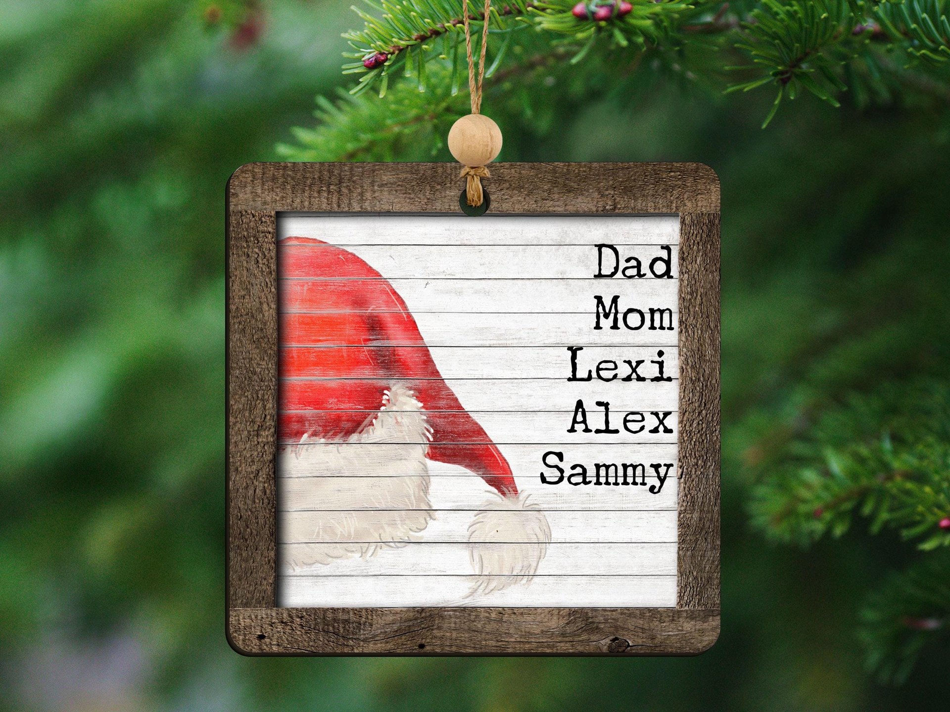 personalized Santa hat Christmas ornament handmade, farmhouse Christmas stocking tags wood, Christmas gifts for family name ornament 2025
