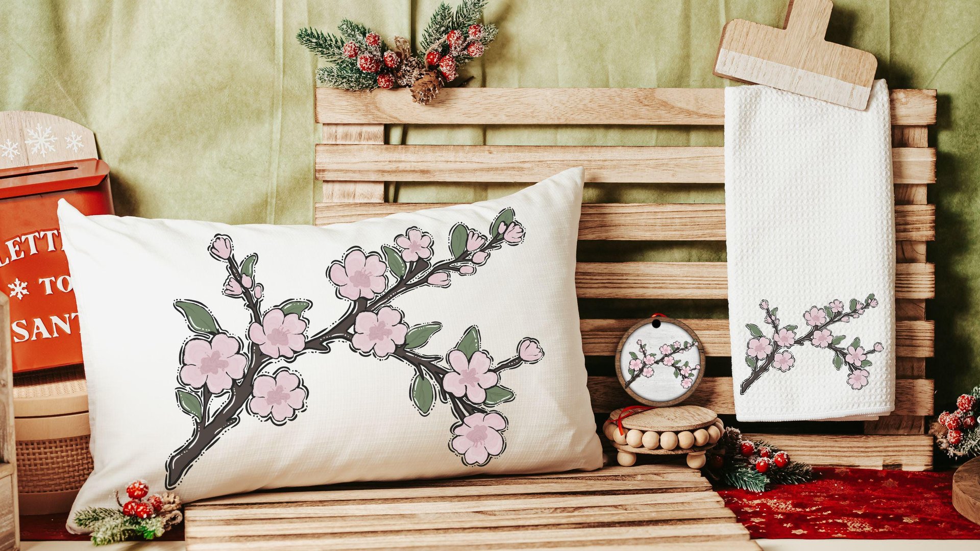 cherry blossom ornament handmade, Japanese aesthetic car charm for rear view mirror, Japanophile Sakura flower Christmas ornament wood, 5th