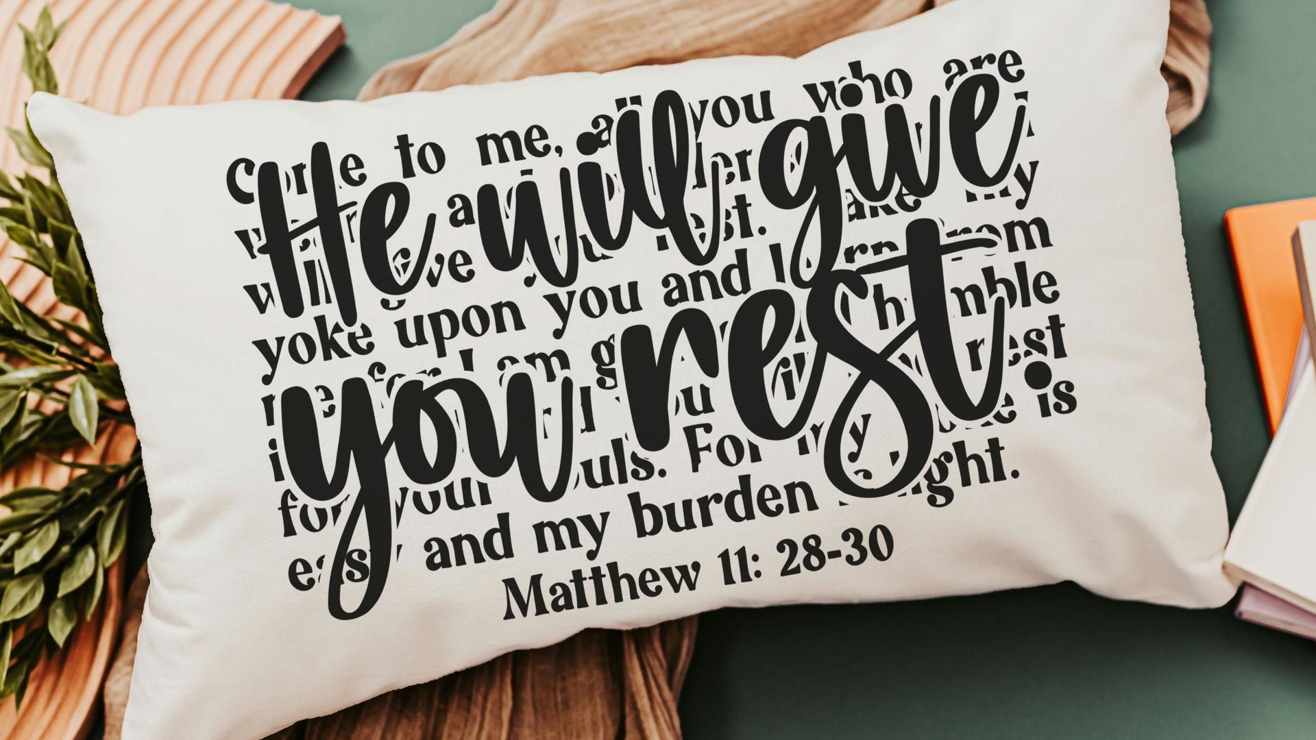 come unto me I will give you rest Bible verse throw pillow for bed, inspirational Christian gifts for sister, Matthew 11 28 scripture pillow