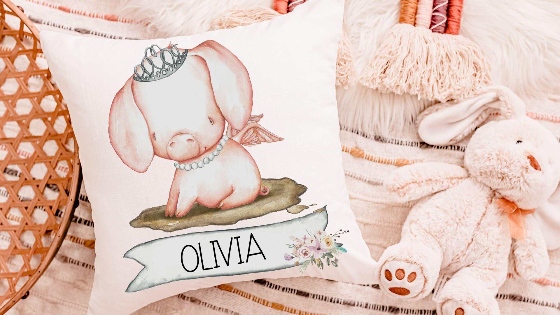 pig princess throw pillows personalized reading nook pillow covers 18 x 18, farm nursery decor girl, cute pig gifts for little girls, name