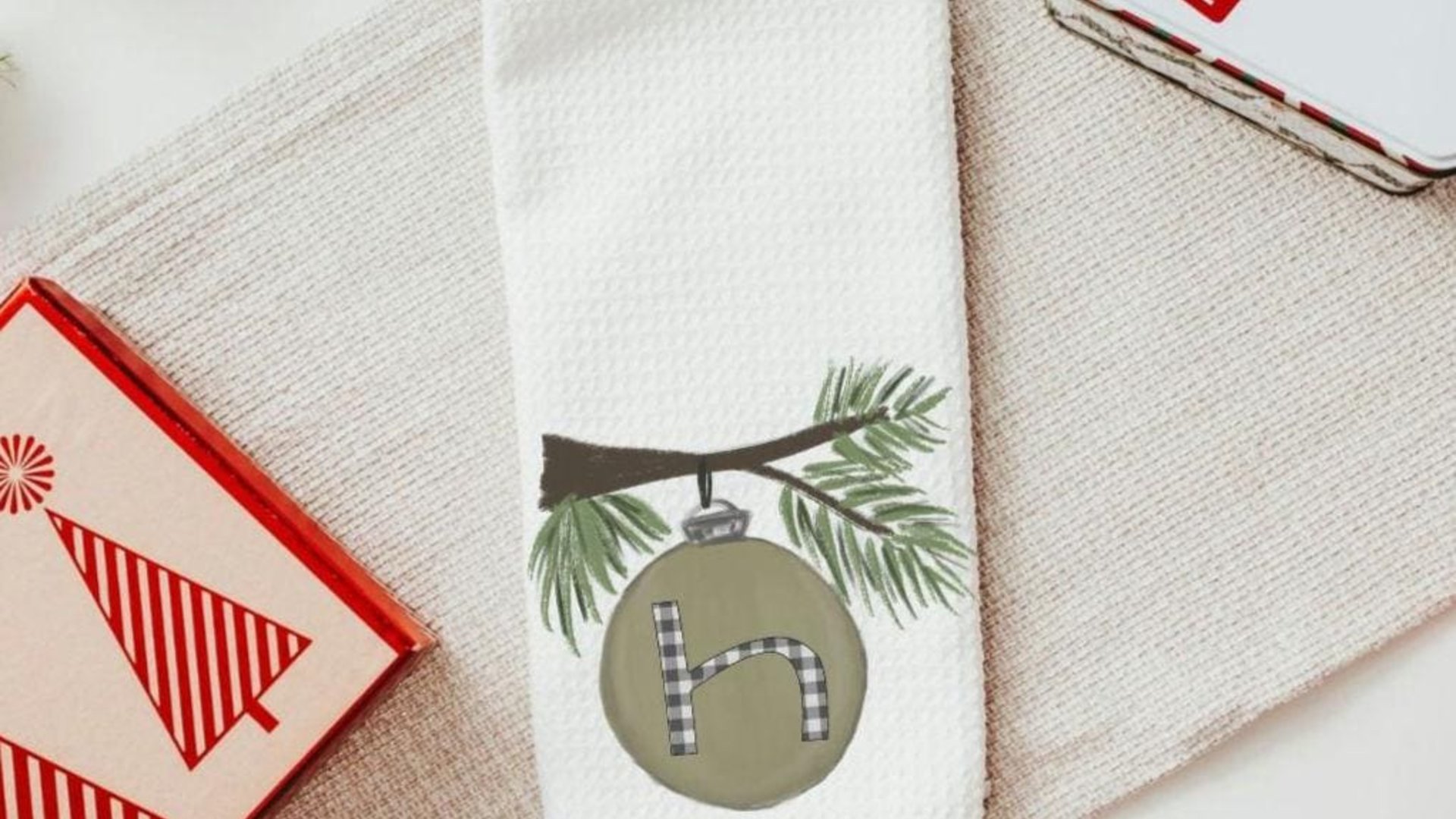 personalized Christmas gift sets for family, custom initial Christmas ornaments, cute Christmas hostess gift for women, sage green Christmas