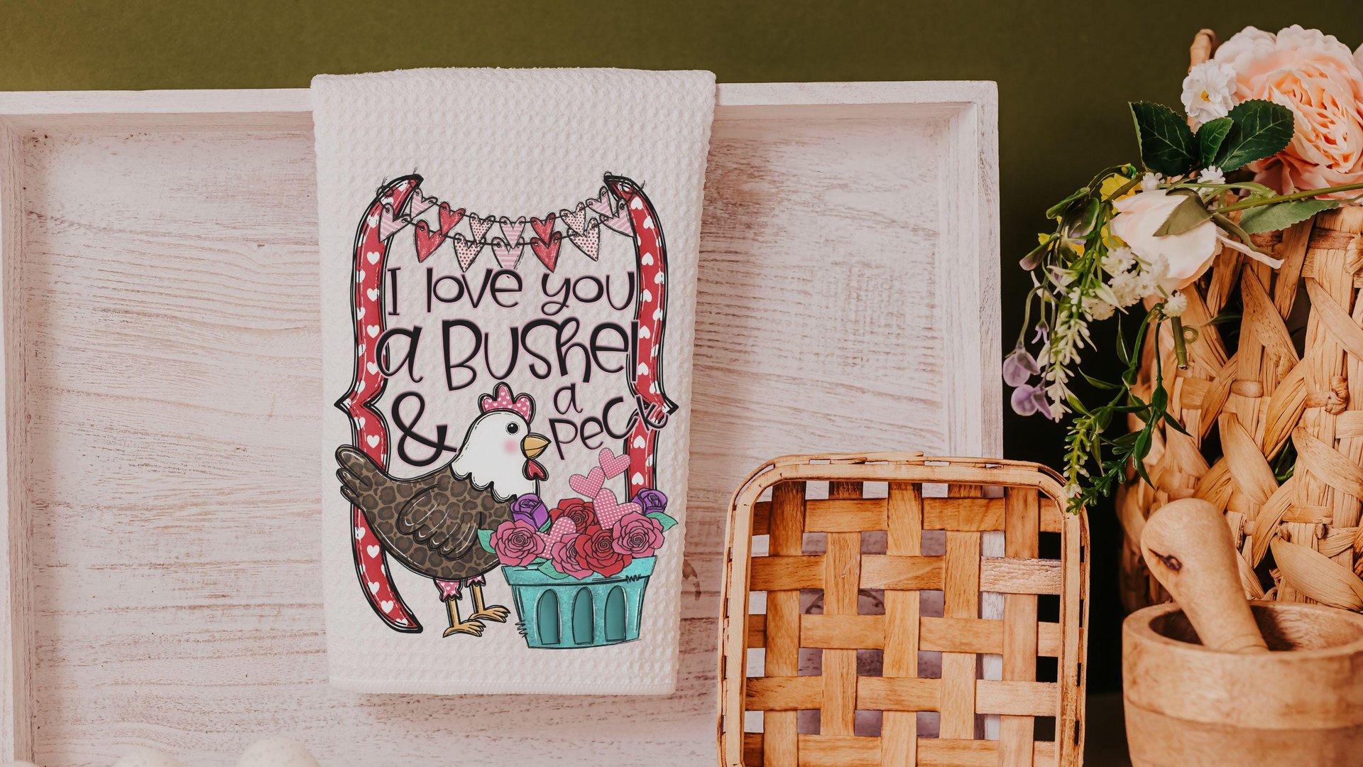I love you a bushel and a peck Valentines day kitchen towels, cute Valentines gift for her from mom, Valentines Day chicken hand towels for