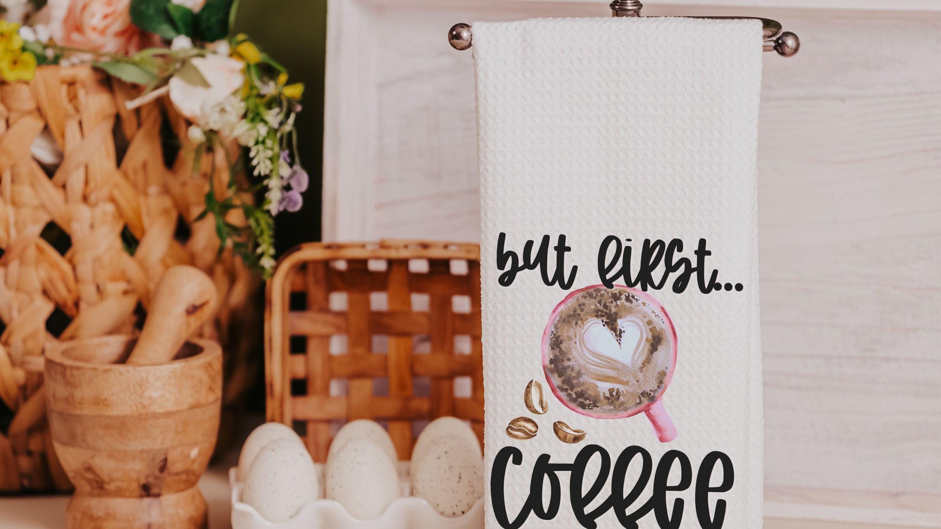 but first coffee kitchen towels for friends, coffee lover gifts for her, cute coffee bar accessories, the perfect blend coffee decor for
