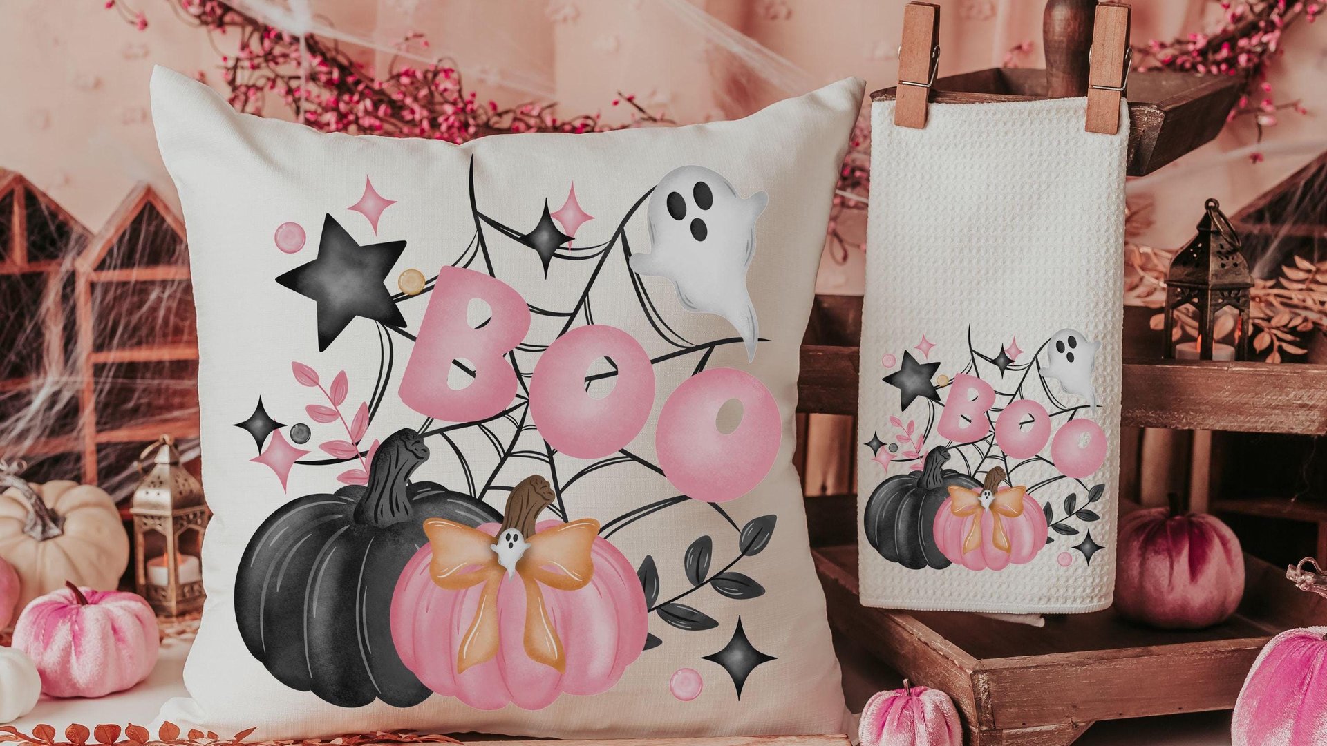 girly goth coquette Halloween throw pillow covers 18 x 18, pink pumpkin kitchen towels, boo basket stuffers for adults, cute Halloween decor
