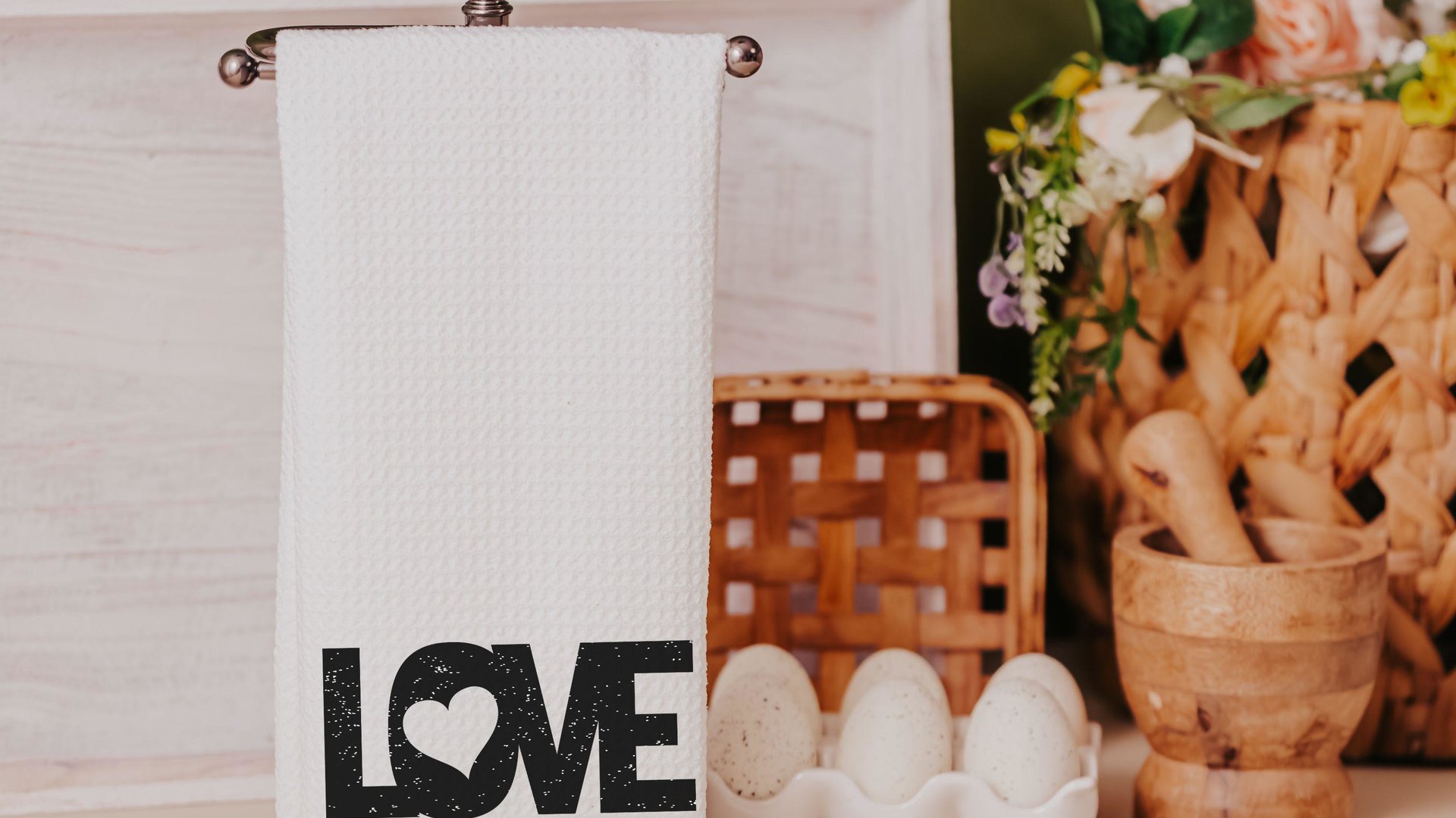 love kitchen towels for new home owners, black and white Valentines kitchen decor for just married couple, romantic gift for wife, moving in