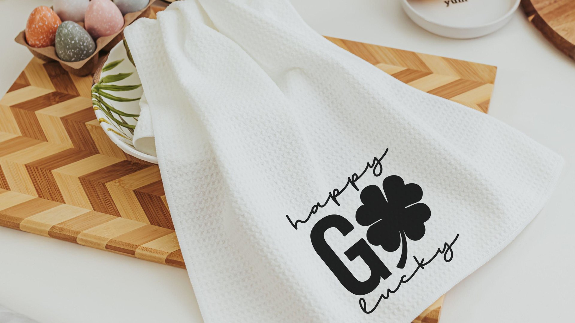 happy go lucky St Patricks day throw pillows for couch, St Patricks day kitchen towels, St Pattys decor, shamrock hand towels for bathroom