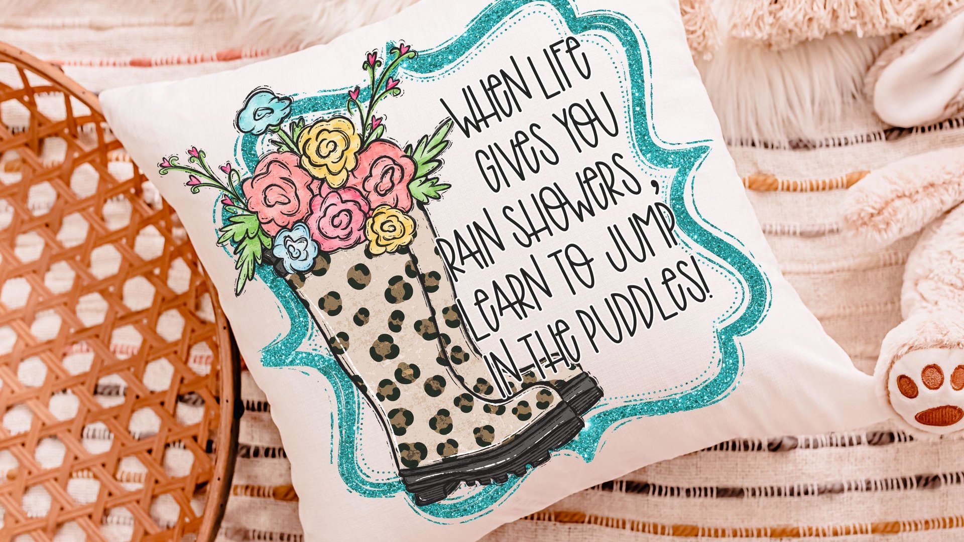 learn to jump in the puddles Spring throw pillows for couch, inspirational pillow to my daughter, whimsical kids reading nook decor, trendy