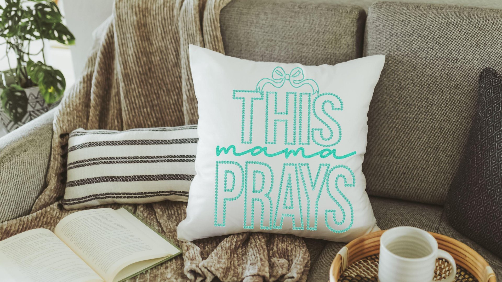 this mama prays throw pillow for bed, cute Christian throw pillows for couch, trendy Mothers day gifts for step mom, unique gift for new mom