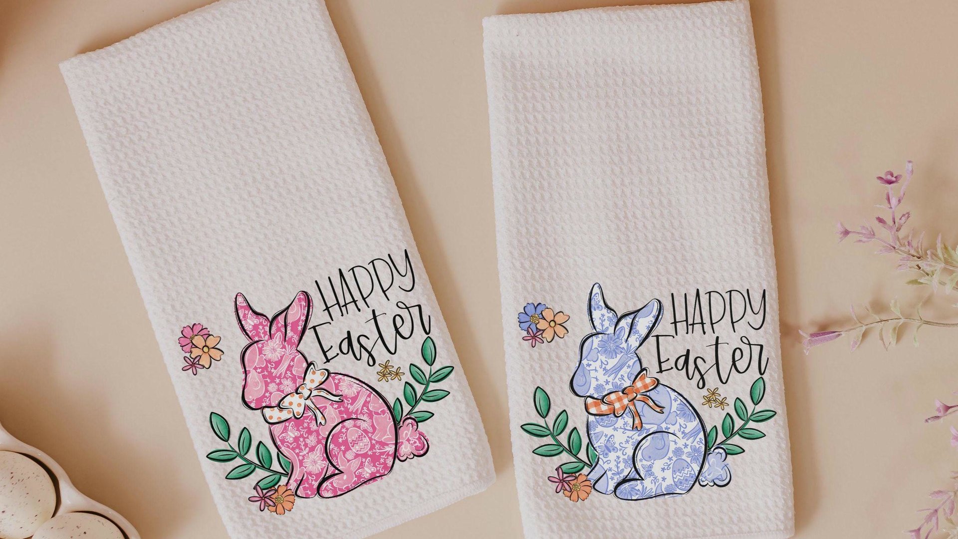 blue chinoiserie Easter bunny kitchen towel for Mom, pink toile de jouy Happy Easter hand towels for bathroom, grand millennial Easter tea