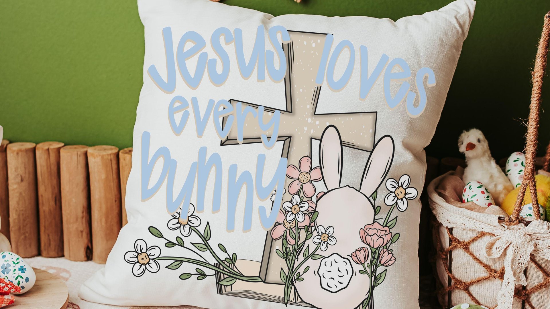 Jesus loves every bunny cute Easter throw pillow covers 18 x 18, Christian Easter bunny kids bathroom hand towels, whimsical Easter decor