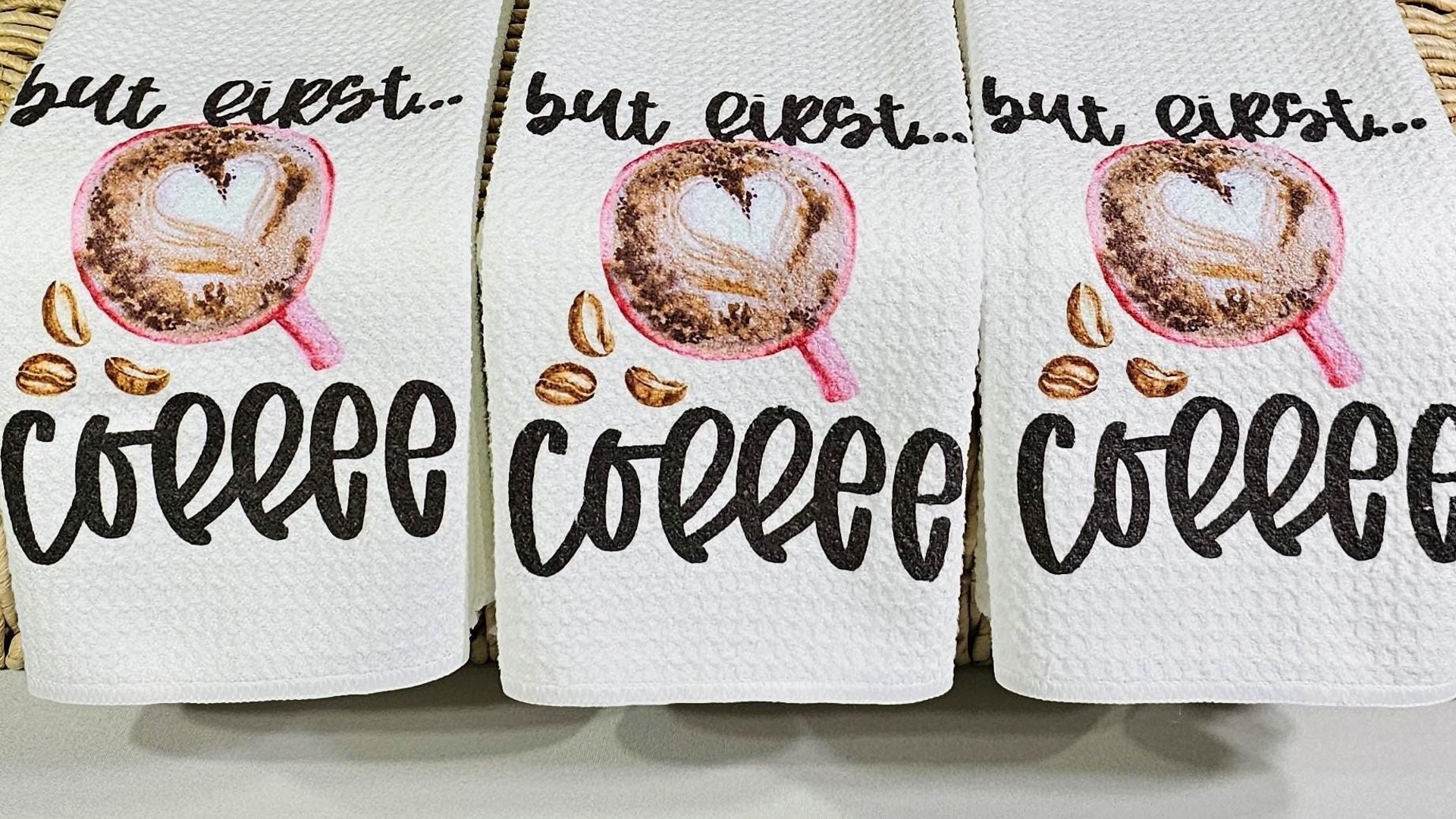 but first coffee kitchen towels for friends, coffee lover gifts for her, cute coffee bar accessories, the perfect blend coffee decor for