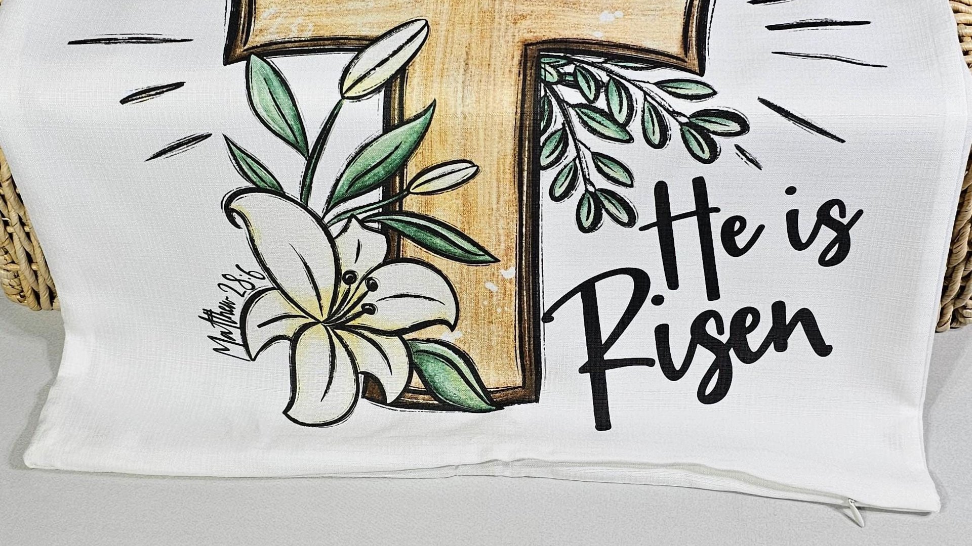 he is risen Easter cross Easter throw pillow covers 18x18, Matthew 28:6 Christian Easter decor gift, religious decorative pillows for couch