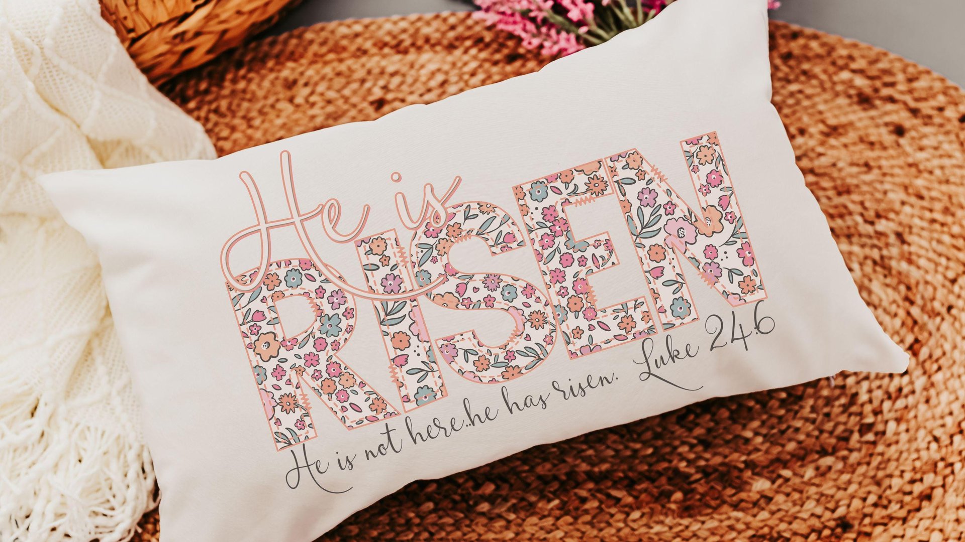 he is risen throw pillow for bed, Luke 24 6 Bible verse lumbar pillow cover 12x20, godmother gift from goddaughter, Christian gifts for best