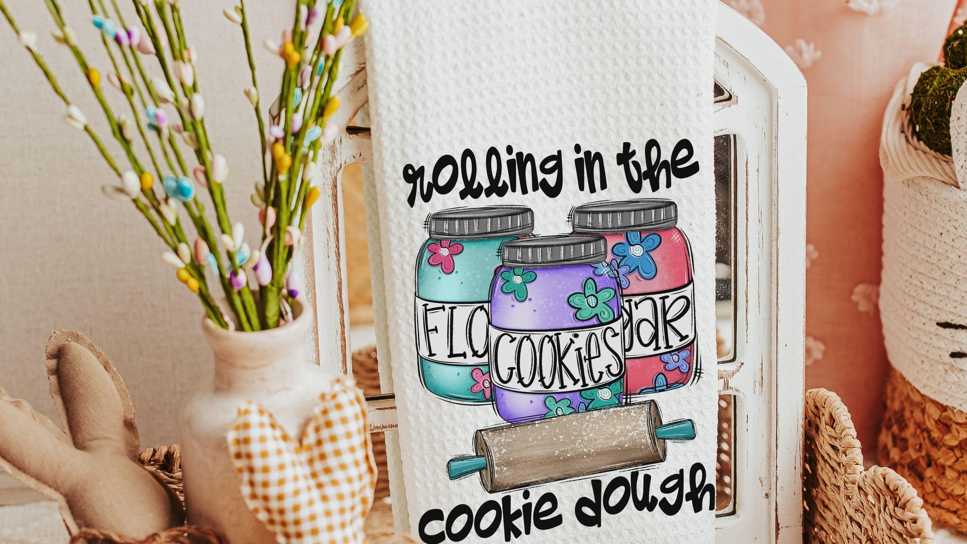 cookie dough kitchen towel for Mom, whimsical kitchen decor, made with love funny baking gifts for women, cookie kitchen linens, rolling in