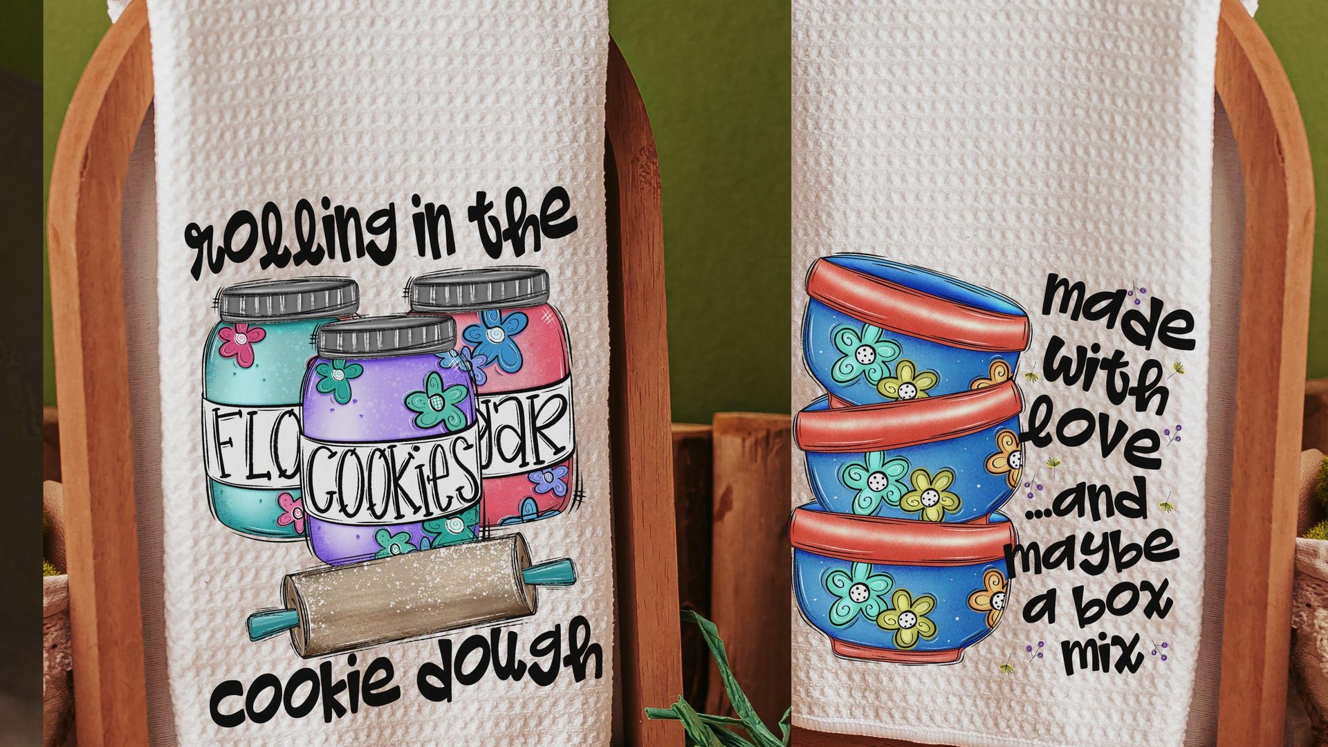 cookie dough kitchen towel for Mom, whimsical kitchen decor, made with love funny baking gifts for women, cookie kitchen linens, rolling in