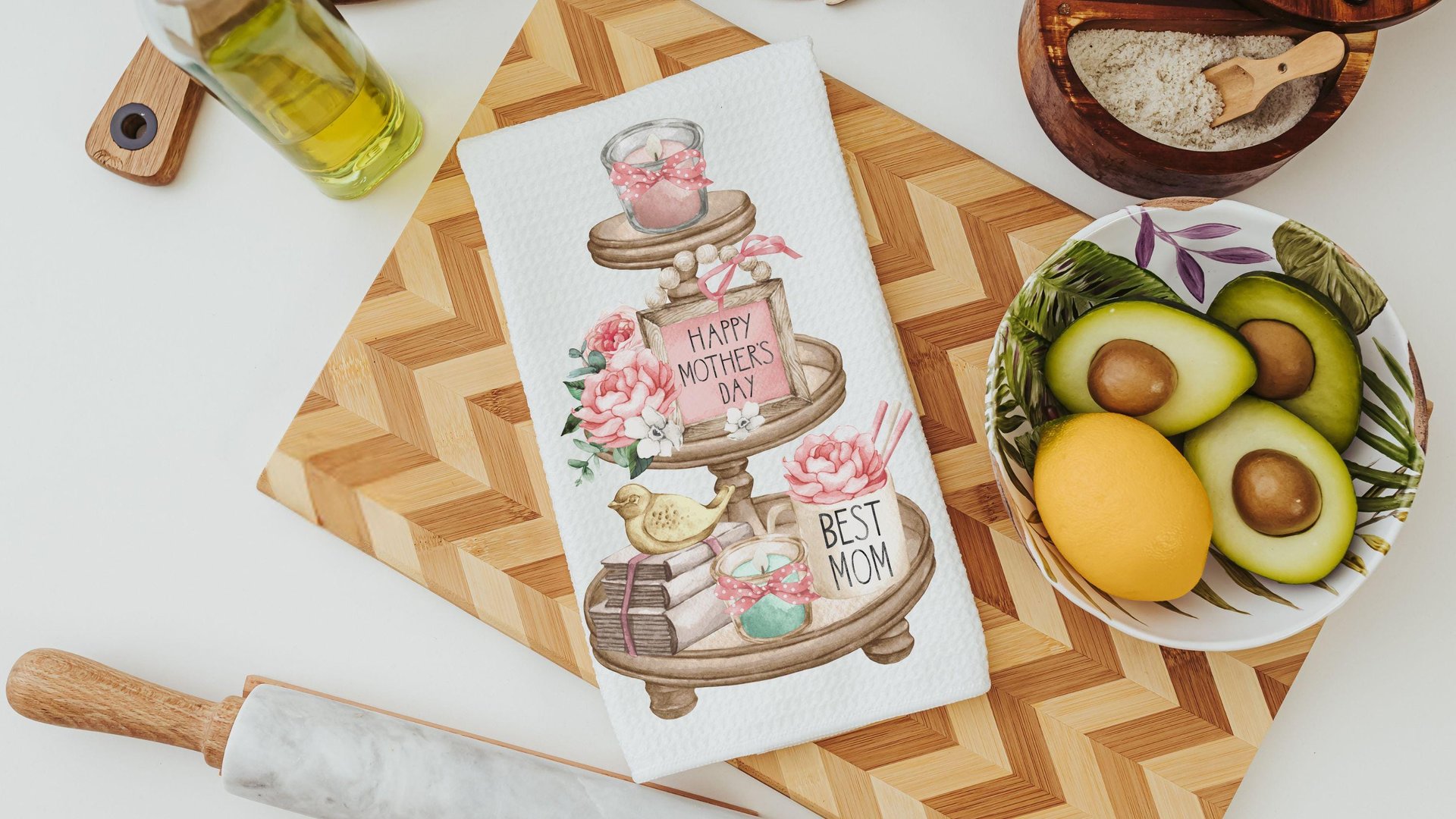 happy Mothers Day kitchen finds, blush pink kitchen towel for Mom, tier tray kitchen decor, best mom Mothers day gifts from kids, floral