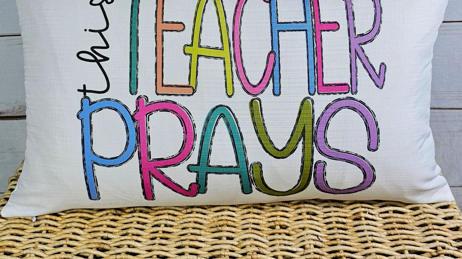 this teacher prays lumbar pillow for chair, Sunday school teacher gifts for women, Christian school teacher classroom decor, prayer pillow