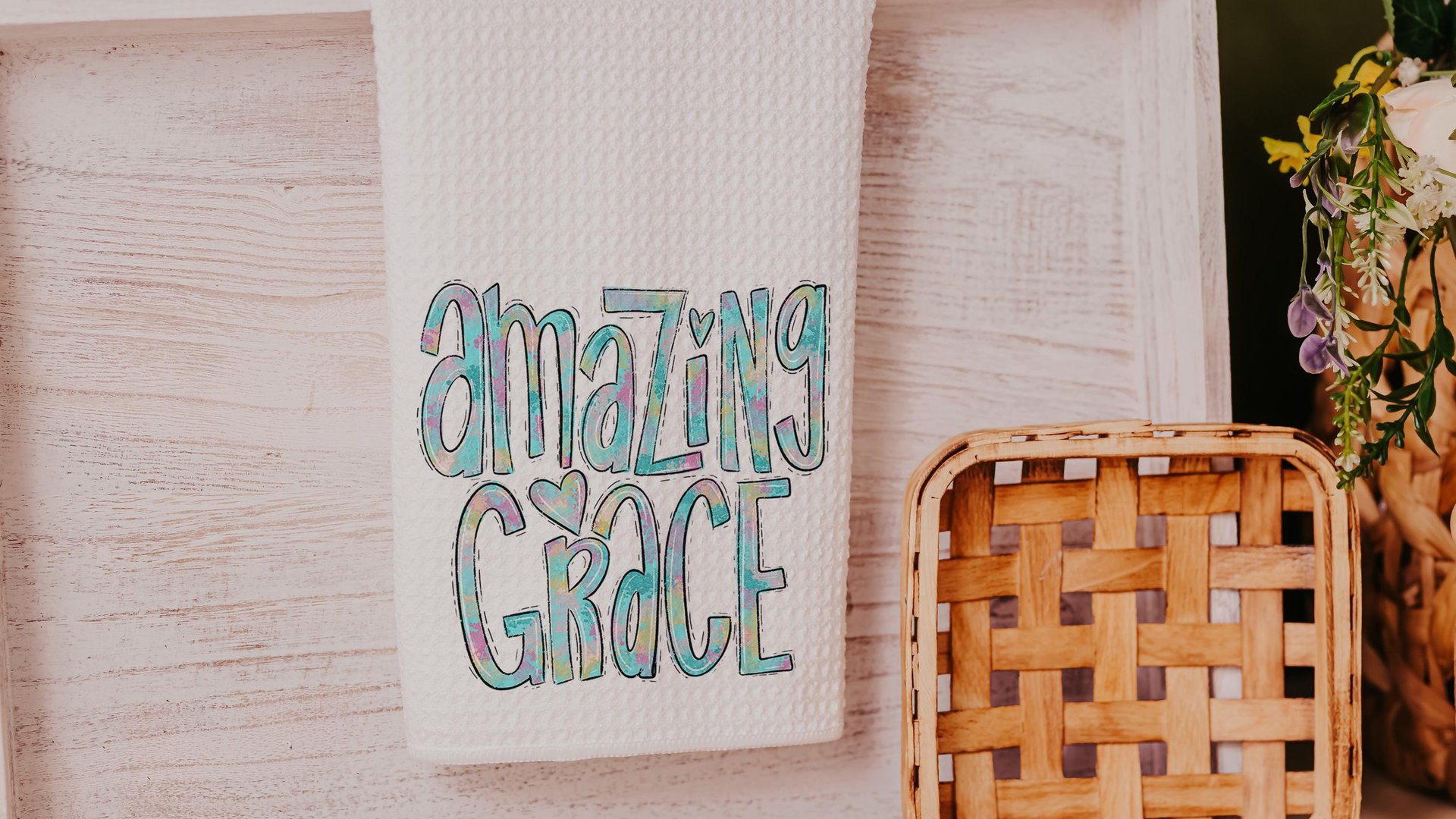 amazing grace watercolor kitchen towels, Christian gifts for daughter, faith based housewarming gifts for best friends, powder room decor