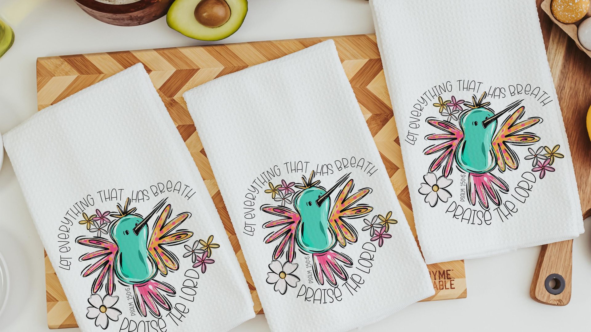 let everything that has breath praise the Lord Bible verse kitchen towel, Psalm 150:6 scripture kitchen decor, cute hummingbird Christian