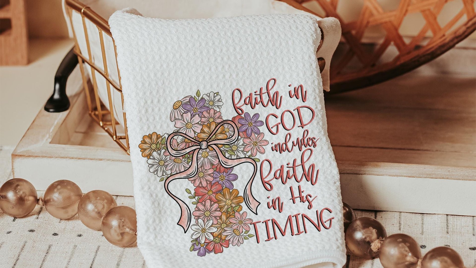 floral cross kitchen towel, faith in God LDS decor, Christian gifts for friends, faith based housewarming gifts for women, guest bathroom