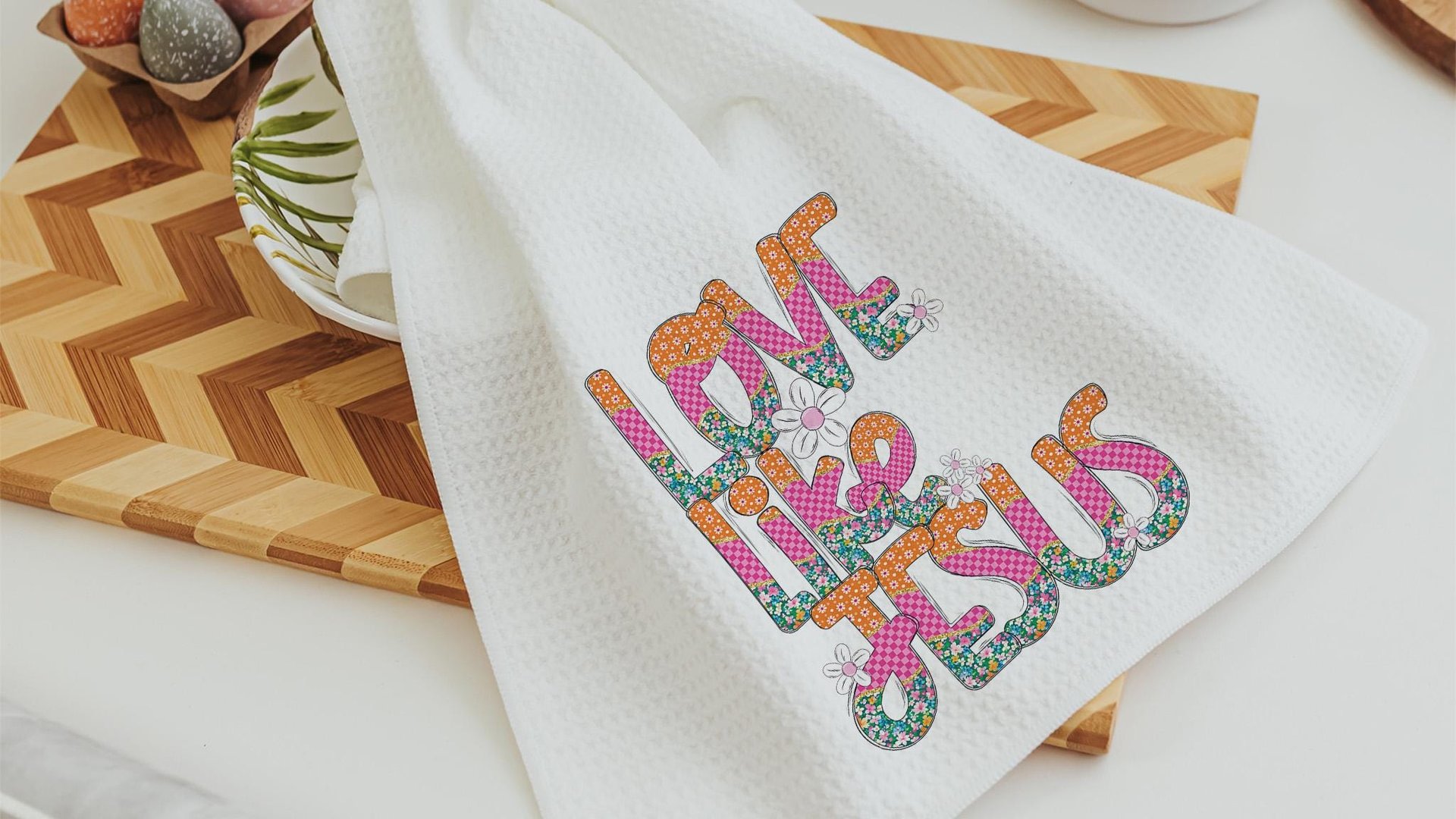 love like Jesus whimsical Christian kitchen towels, cute Christian gifts for sisters, pink checkered floral kitchen decor, faith kitchen