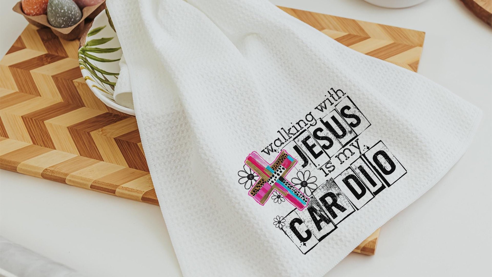 Walking with Jesus is my cardio kitchen towels for bridal shower, Christian kitchen finds, faith gifts for her, kitchen decor