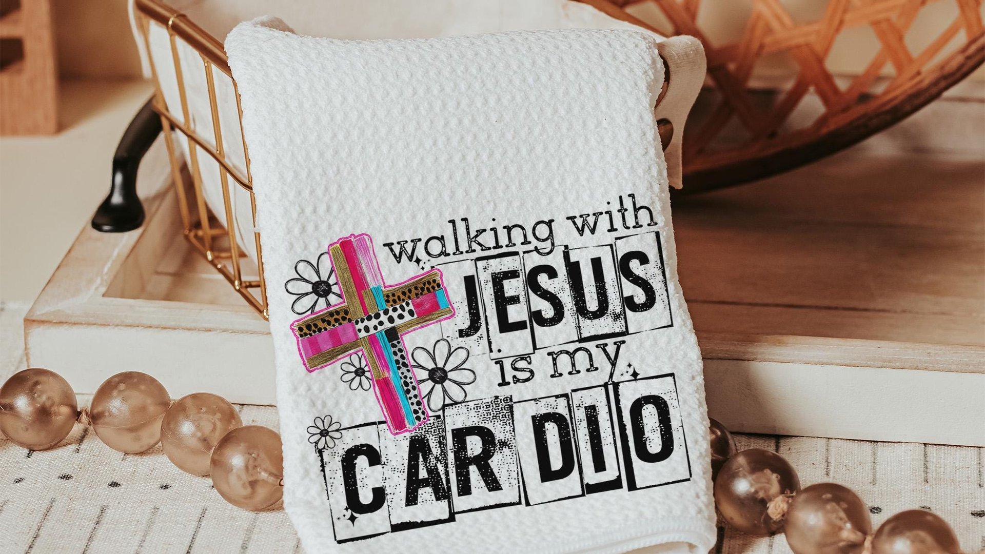 Walking with Jesus is my cardio kitchen towels for bridal shower, Christian kitchen finds, faith gifts for her, kitchen decor