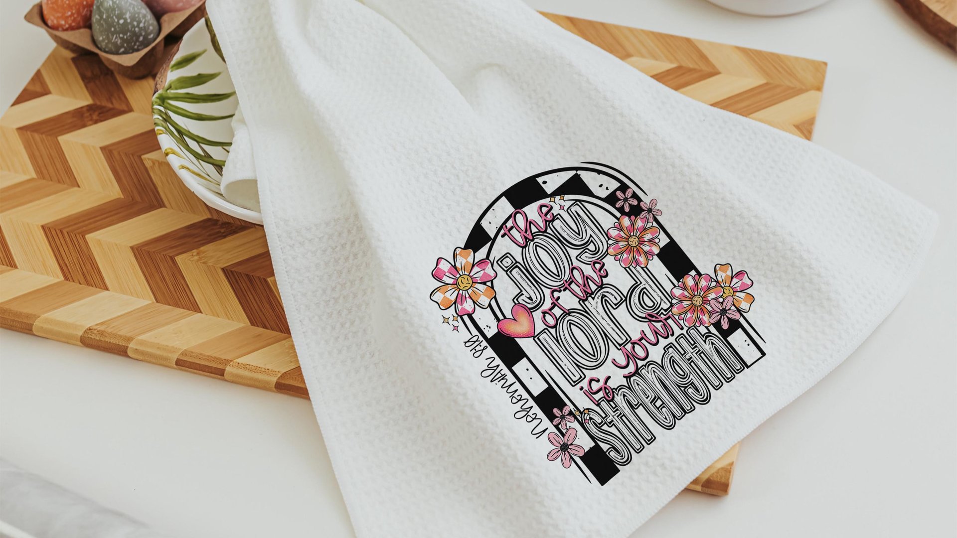 the joy of the Lord is your strength kitchen towels for bridal shower, Christian kitchen finds, faith gifts for her, floral kitchen decor