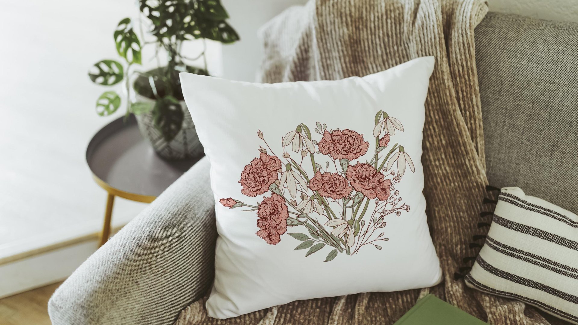 carnation flower throw pillow for couch, January birthday kitchen towels for Mom, snowdrop flower January birth flower gifts for friends