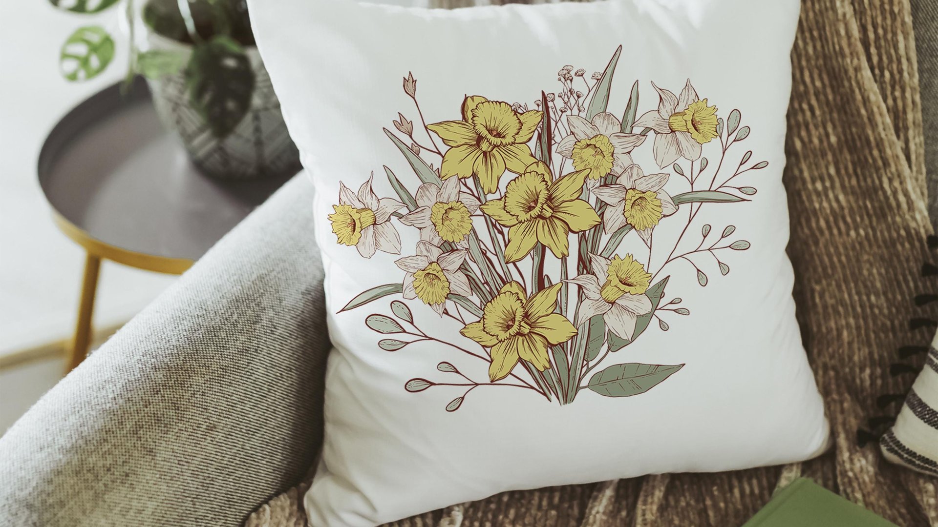 daffodil flower throw pillows for couch floral decorative pillows for bed, March birth flower gifts for mom, March kitchen towels for gifts