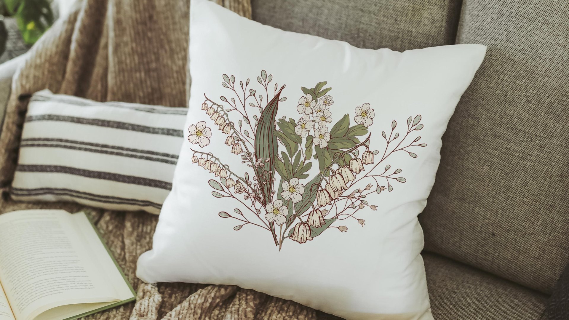 lily of the valley throw pillows for couch floral kitchen towels for Spring, best gifts for her, May birthday gifts for mom, white hawthorn