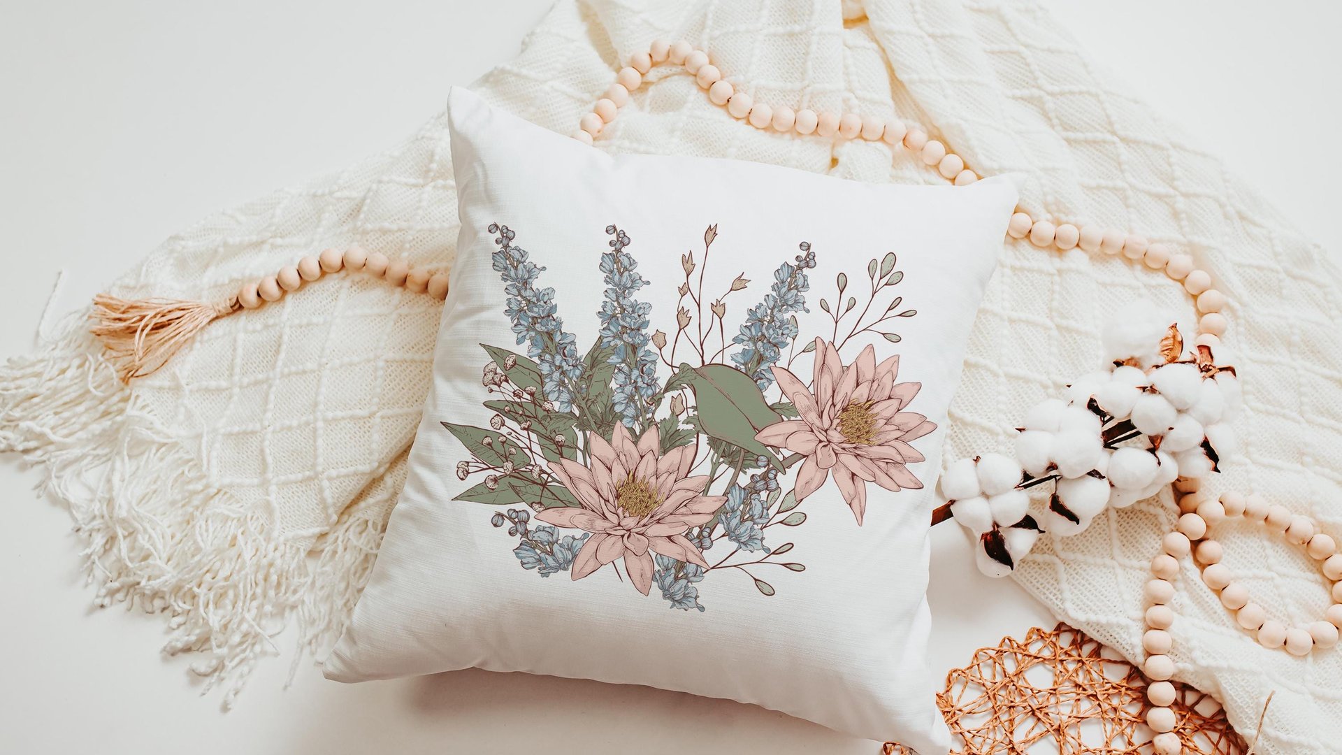 water lily & larkspur flower throw pillow for bed, July kitchen towels, July birth month flower gift for Mom, July birthday gifts for her