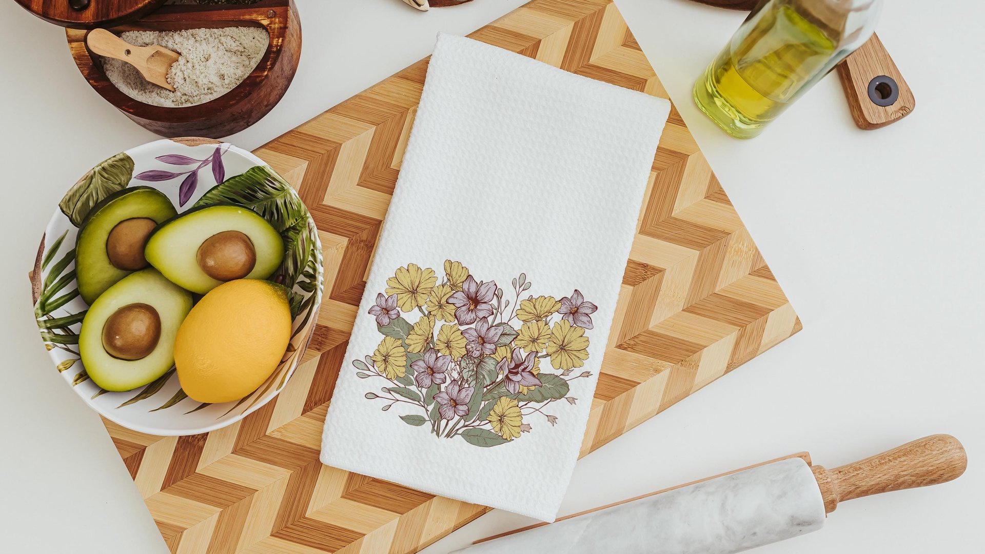 yellow primrose hand towels for cabin, February birth flower gift for friend birthday gifts for her, violet flower kitchen towels cottage