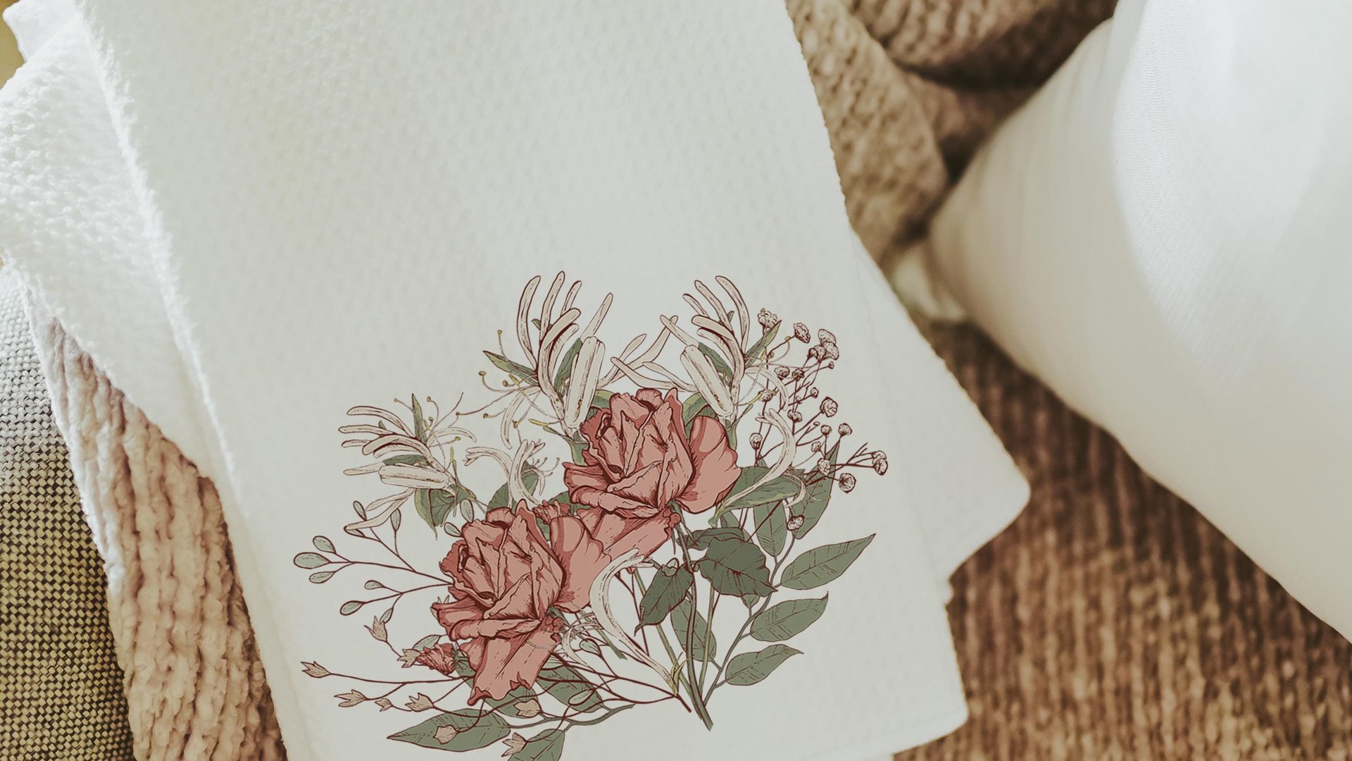 muted colors roses kitchen towel, June birthday gifts for her, June birth month flower hand towels for powder room, guest bathroom decor