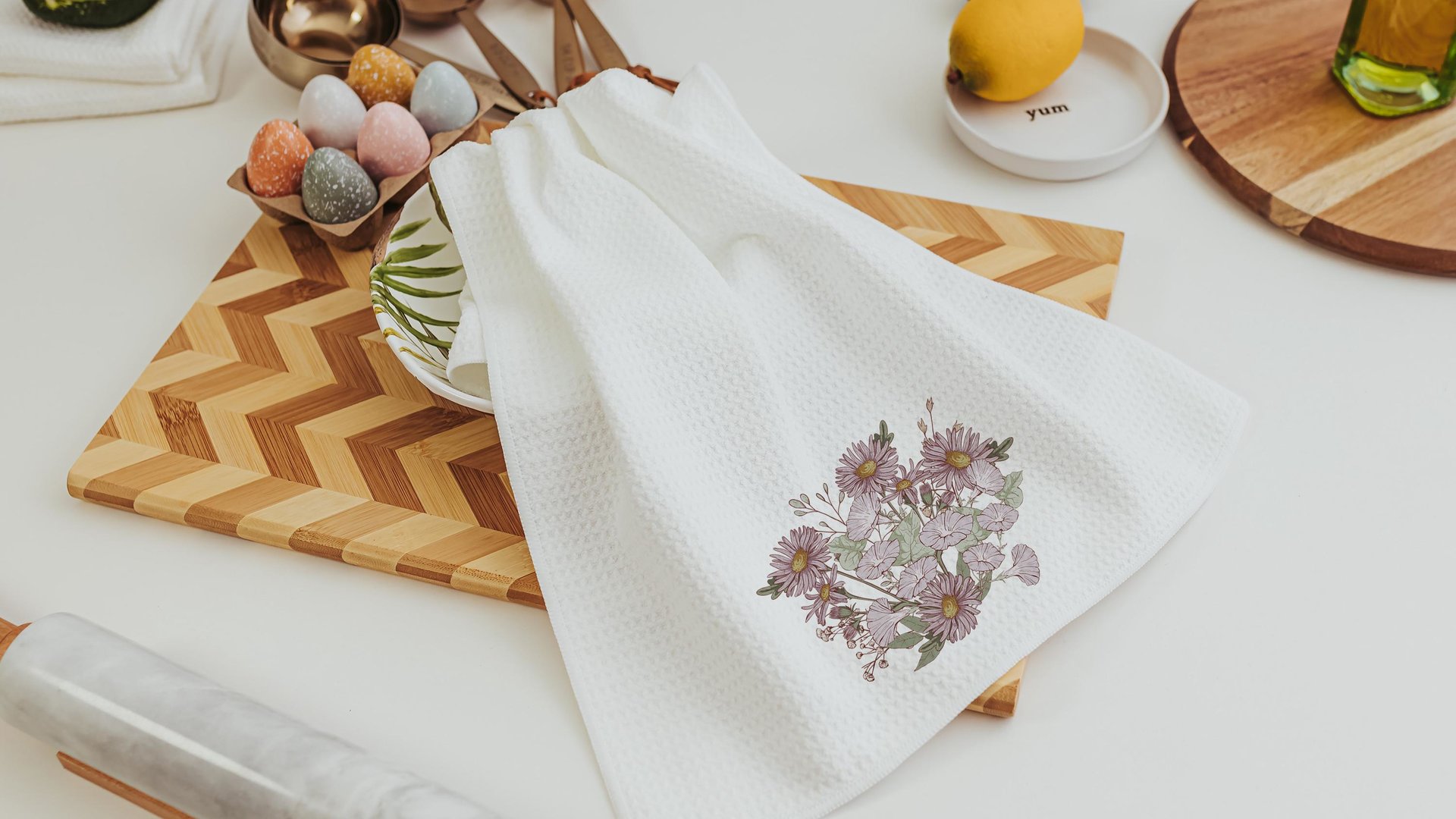 september birth flower morning glory flower kitchen towels, September birthday gift for her, purple aster muted floral bathroom hand towels