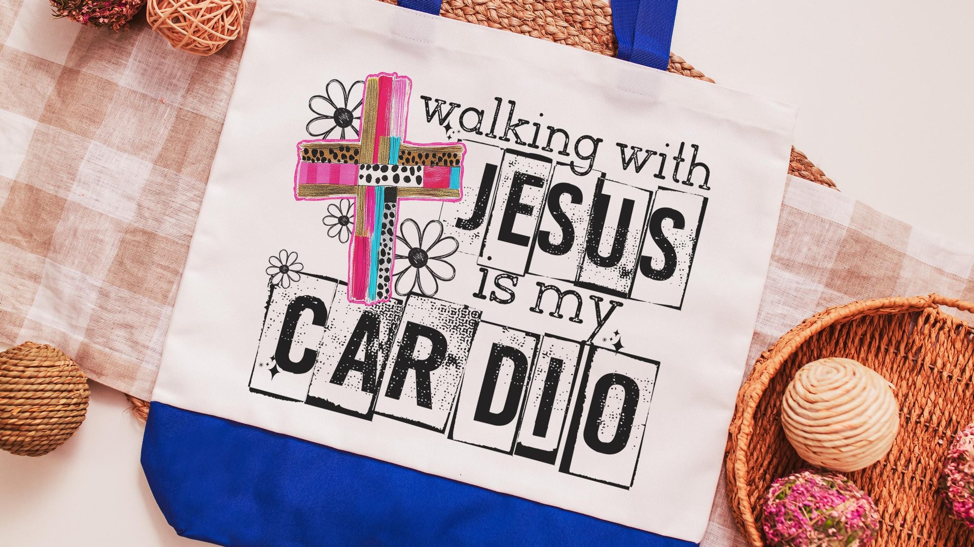 walking with Jesus Christian tote bags for women, religious Christmas gifts for godmother, walking with the Lord is my cardio faith based