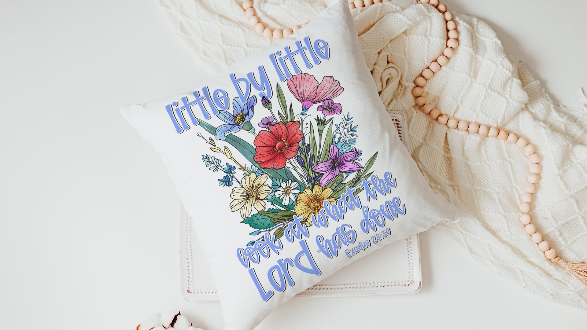 little by little look at what the Lord has done Bible verse decorative pillows for girls, wildflower Christian throw pillow covers 18 x 18