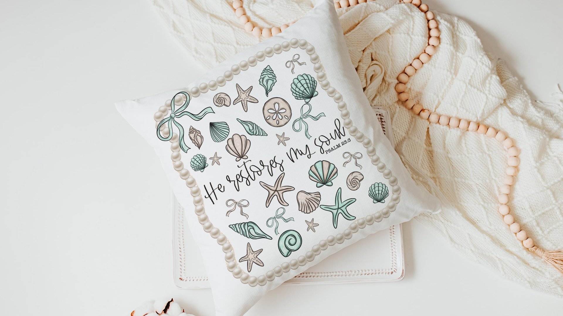he restores my soul Psalm 23:3 Bible verse throw pillows for bed, Christian gifts for best friends, seashell coquette kitchen towels, beach