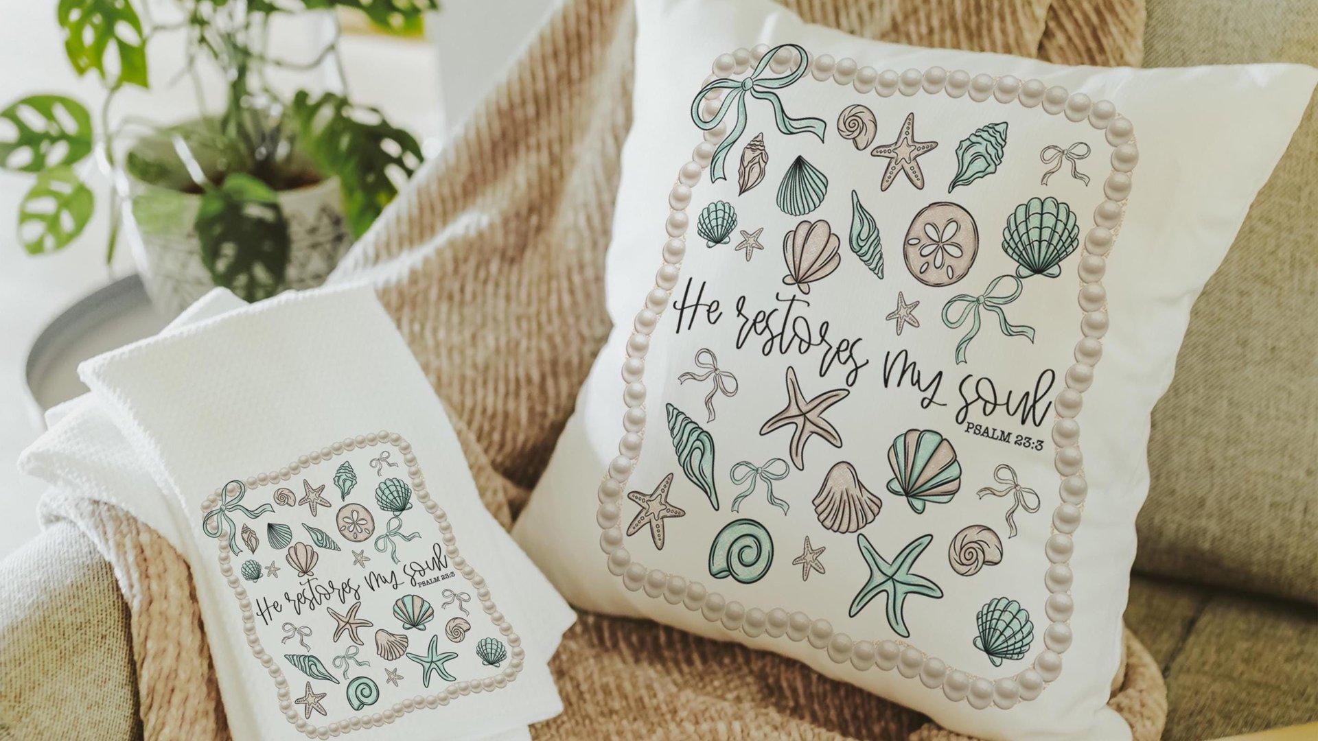 he restores my soul Psalm 23:3 Bible verse throw pillows for bed, Christian gifts for best friends, seashell coquette kitchen towels, beach