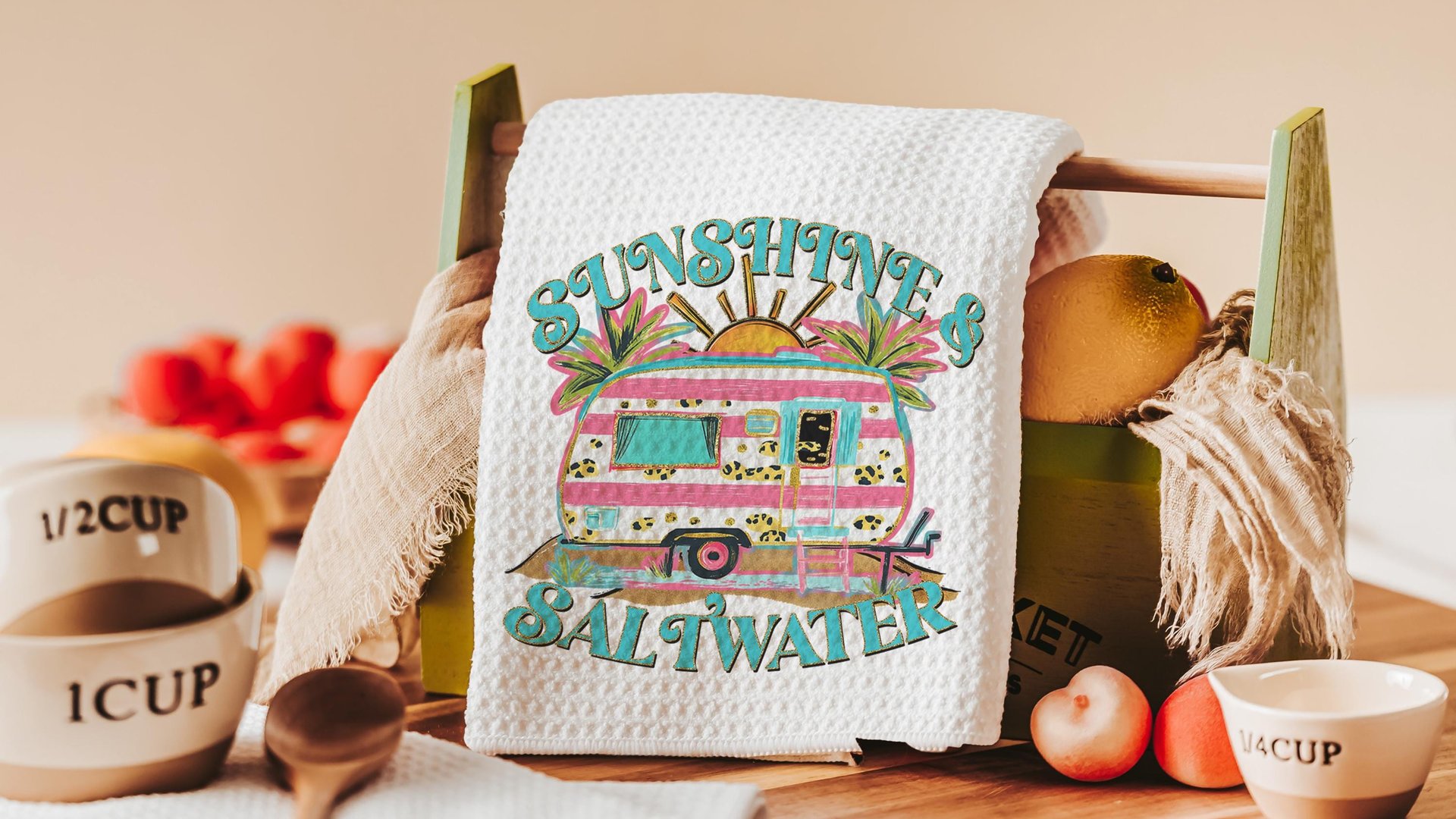 sunshine and saltwater summer throw pillow boho camper decor for RV life essentials gift, hippie kitchen towels for sister, beach house gift