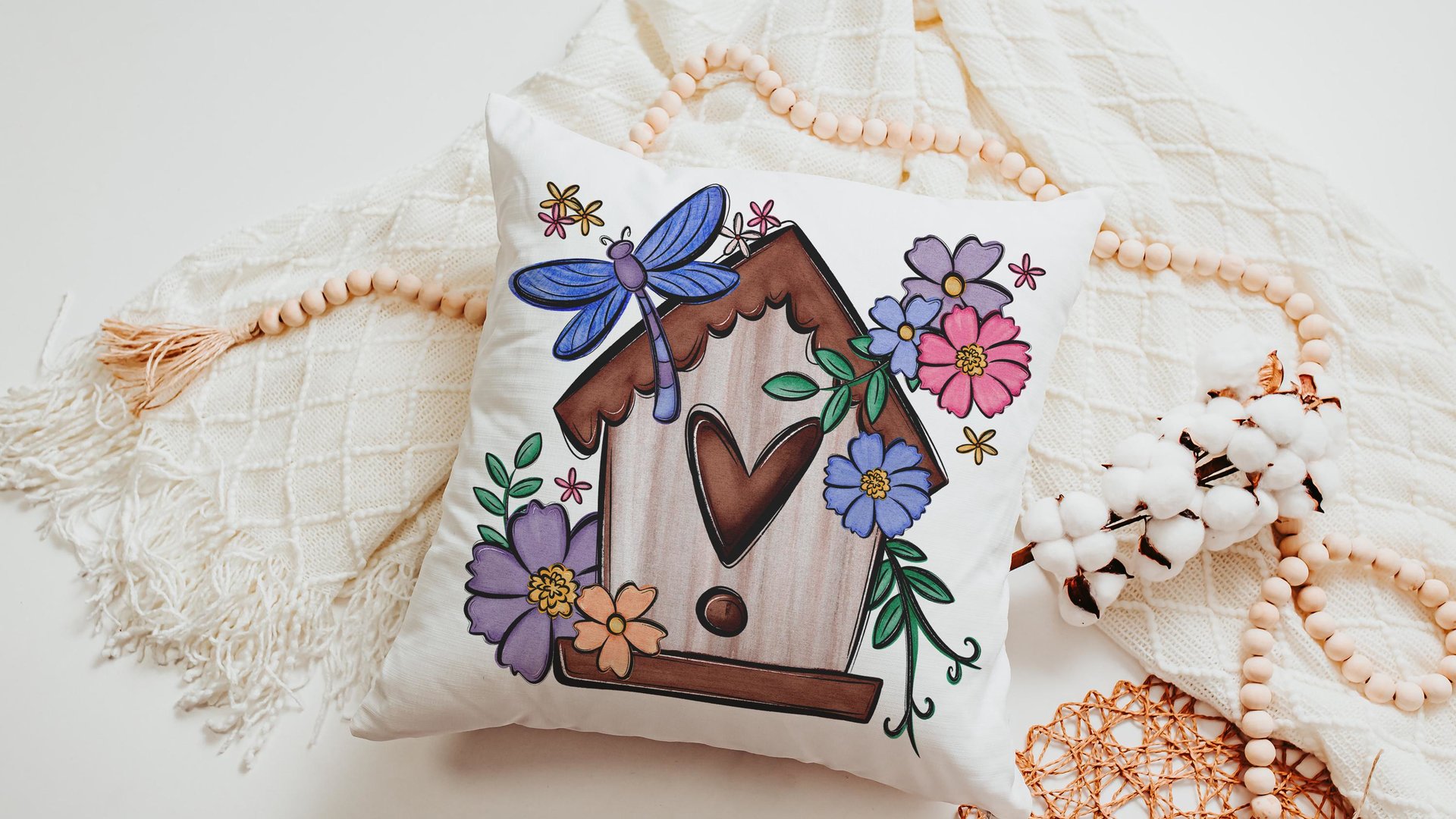 cute birdhouse floral throw pillow covers 18x18, bird lover gifts, Spring decor for home, bluebird kitchen towels for gifts, gardener gift