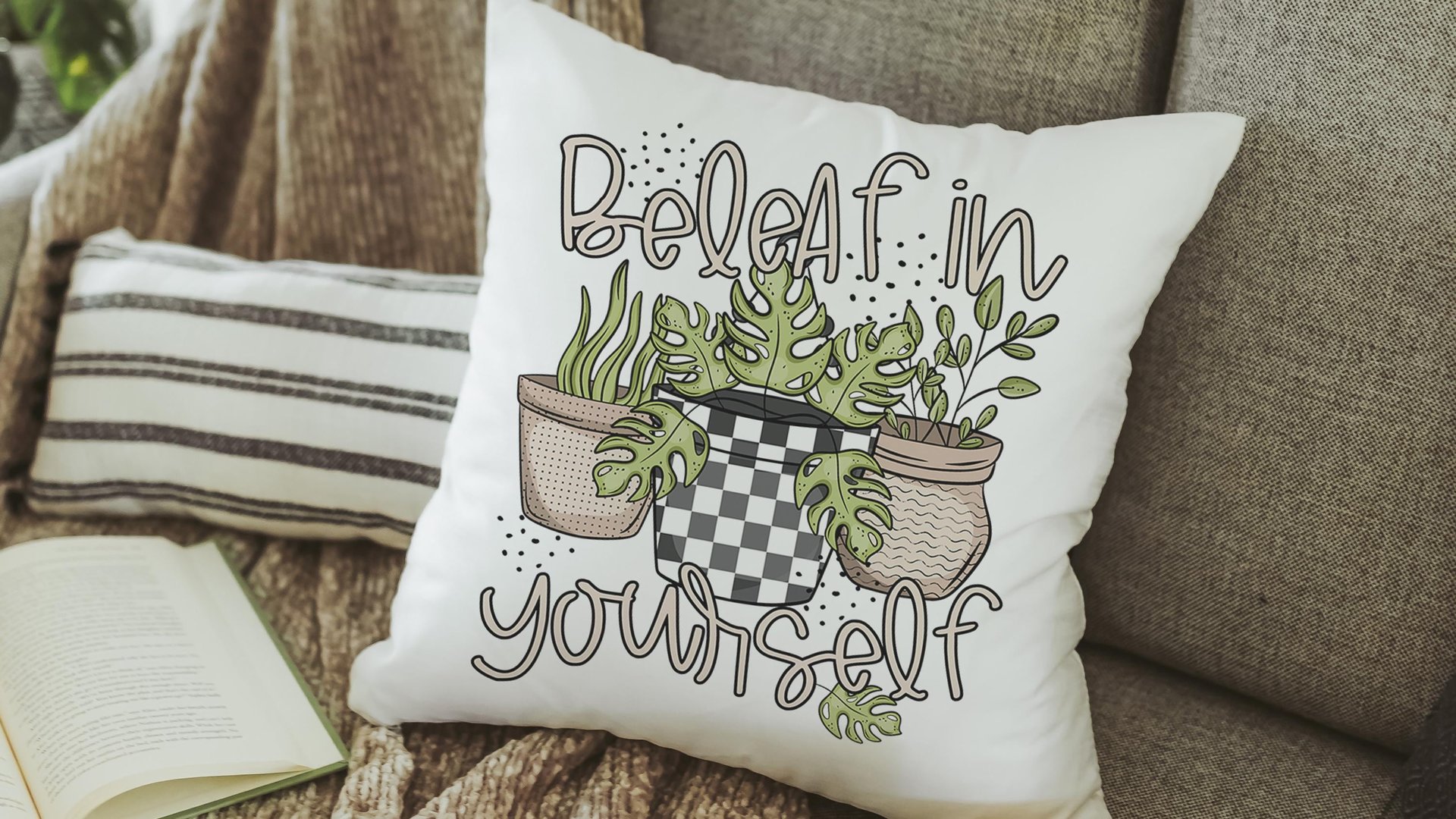 beleaf in yourself inspirational throw pillows for couch funny plant lover gifts, monstera plant kitchen towel for women, plant mom gifts