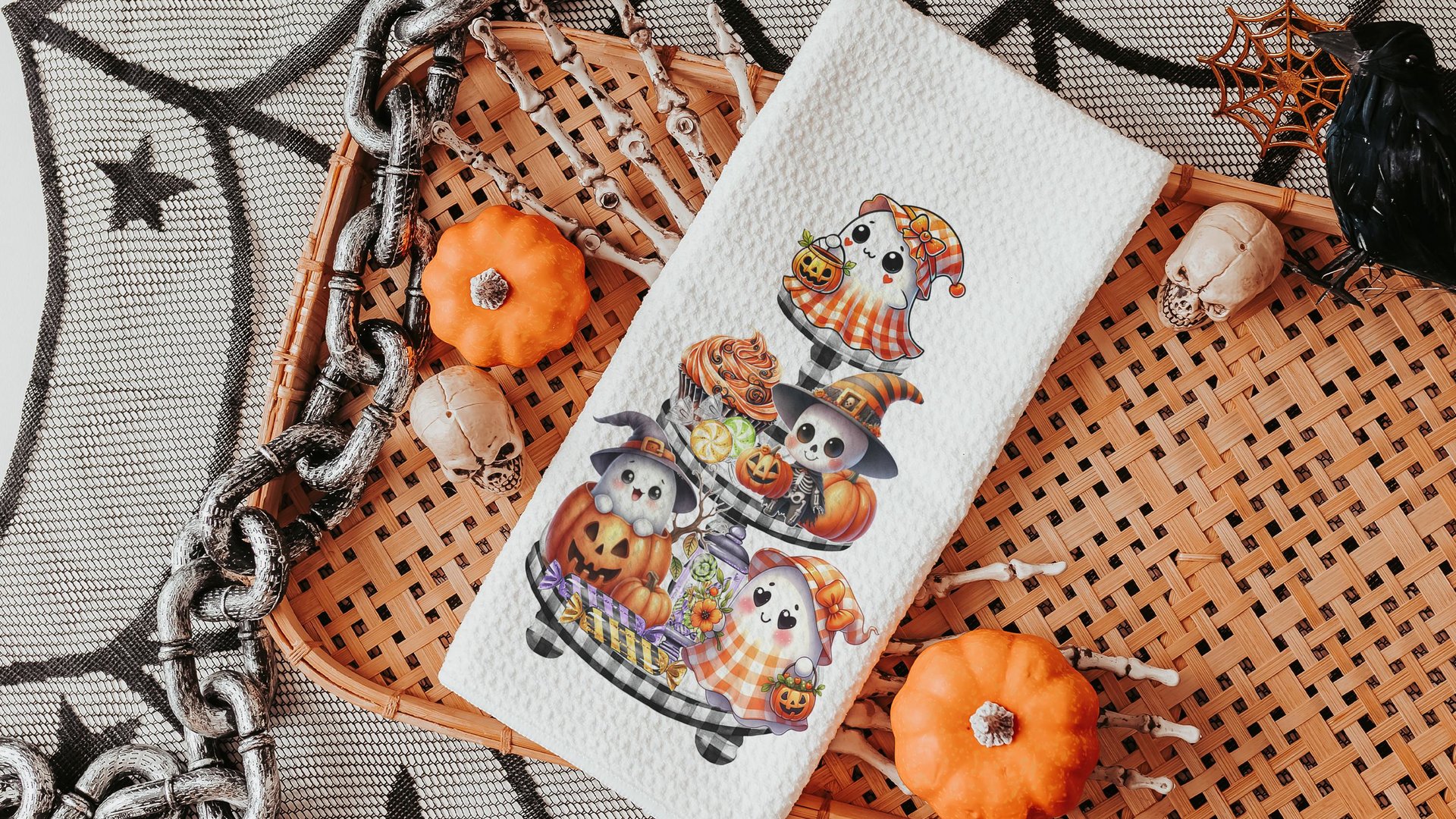 spooky cute ghost Halloween kitchen towels, whimsical fall host gift, boo basket stuffers for adults, not so scary Halloween fall style gift