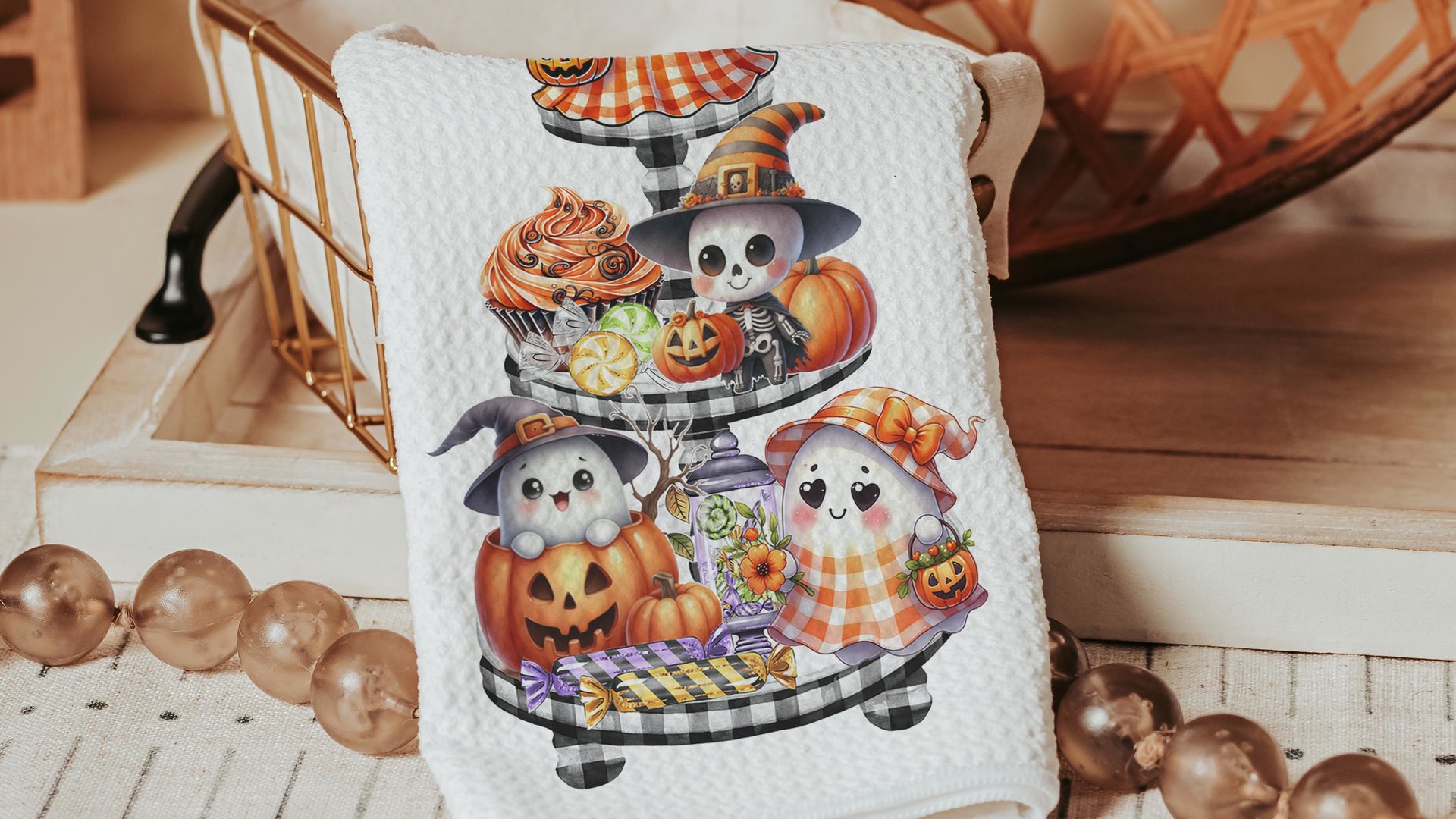 spooky cute ghost Halloween kitchen towels, whimsical fall host gift, boo basket stuffers for adults, not so scary Halloween fall style gift