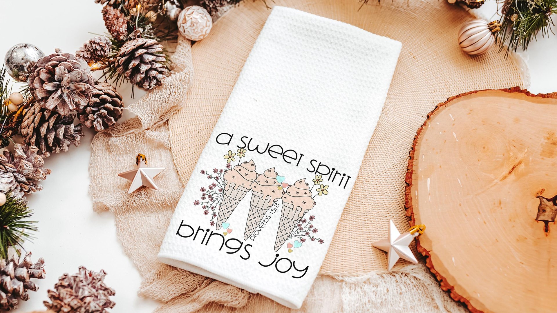 a sweet spirit brings joy ice cream kitchen towel, Christian gifts for best friends, faith based housewarming gifts for her, bathroom hand