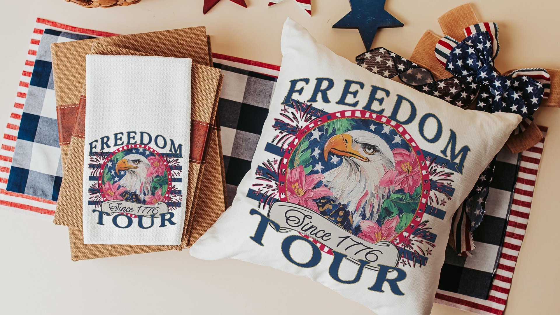 bald eagle freedom tour throw pillows for porch, Americana decor with pink floral 4th of July kitchen towels, patriotic gifts for women