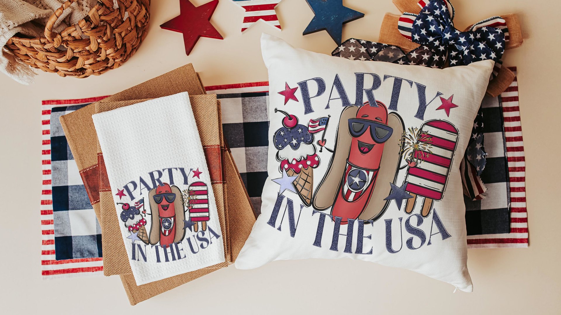party in the USA 4th of July throw pillows for porch swing, American hot dog funny accent pillow covers 18x18, patriotic gifts for women