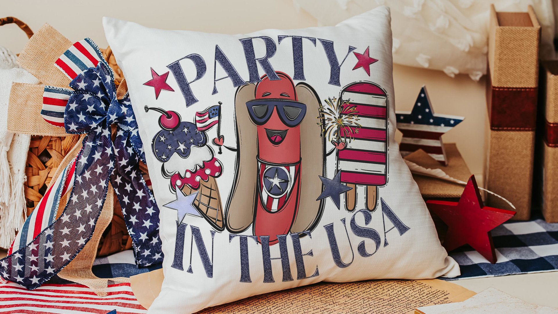 party in the USA 4th of July throw pillows for porch swing, American hot dog funny accent pillow covers 18x18, patriotic gifts for women
