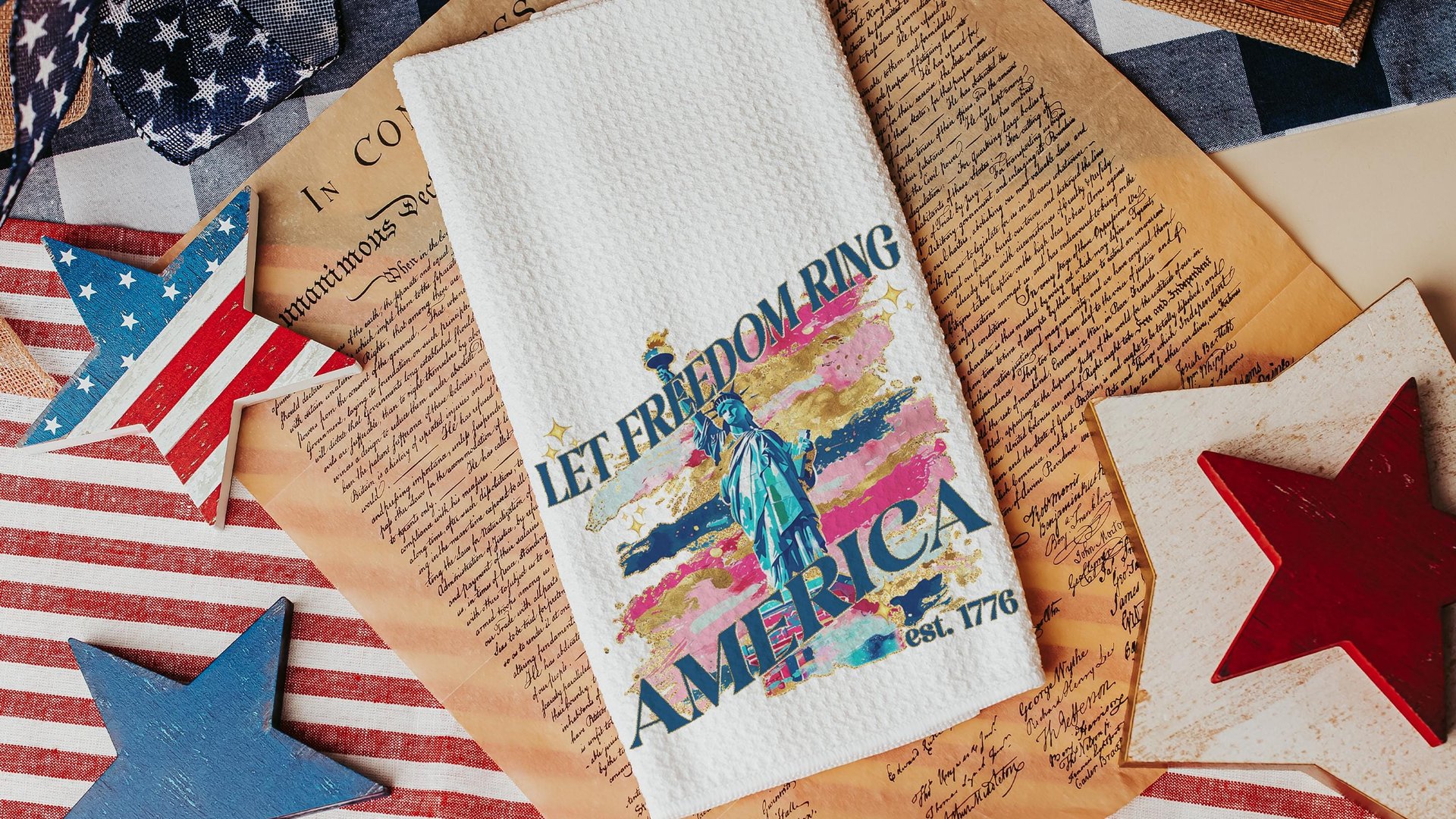 let freedom ring throw pillows for porch swing, Americana decor with pink 4th of July kitchen towels, military mom gifts, America est 1776